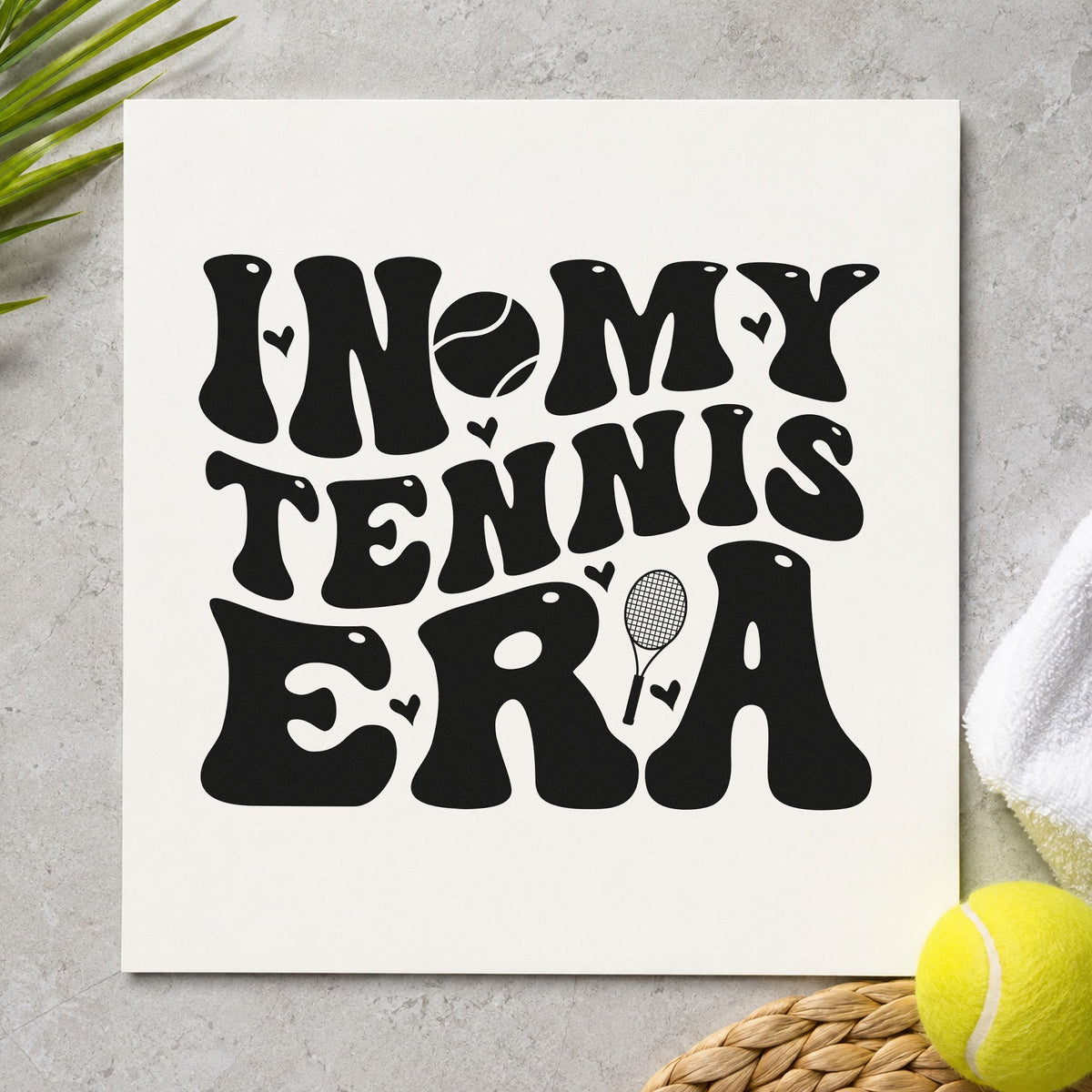 In My Tennis Era craft stamp in black ink on cardstock, an easy option for comeback album page.