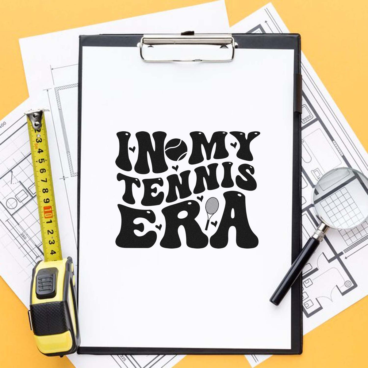 In My Tennis Era custom rubber stamp design on clipboard, ideal for personalized tennis stationery, craft projects, and sports gifts.