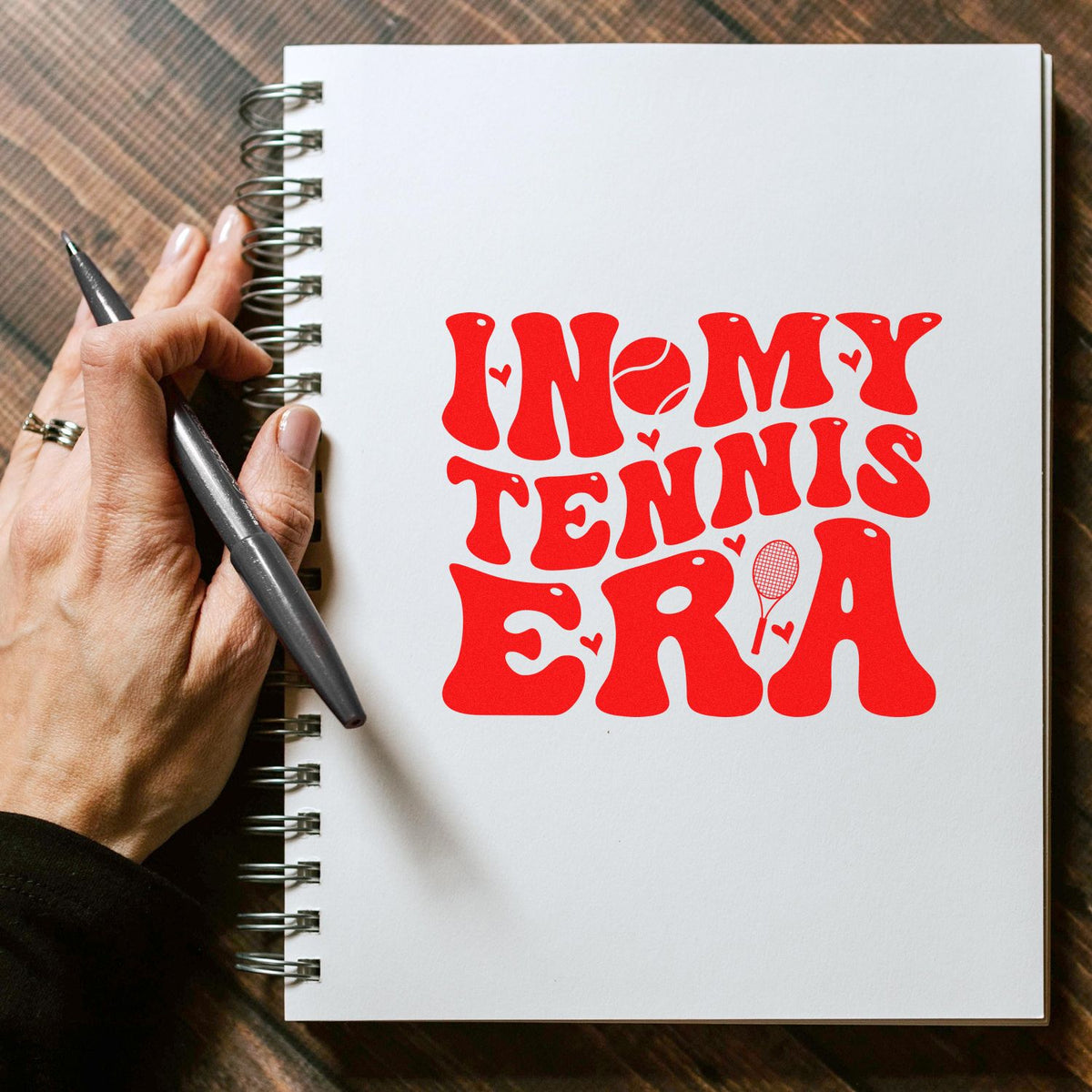 Custom rubber stamp design reading In My Tennis Era for tennis-themed crafts, journals, and sports stationery.