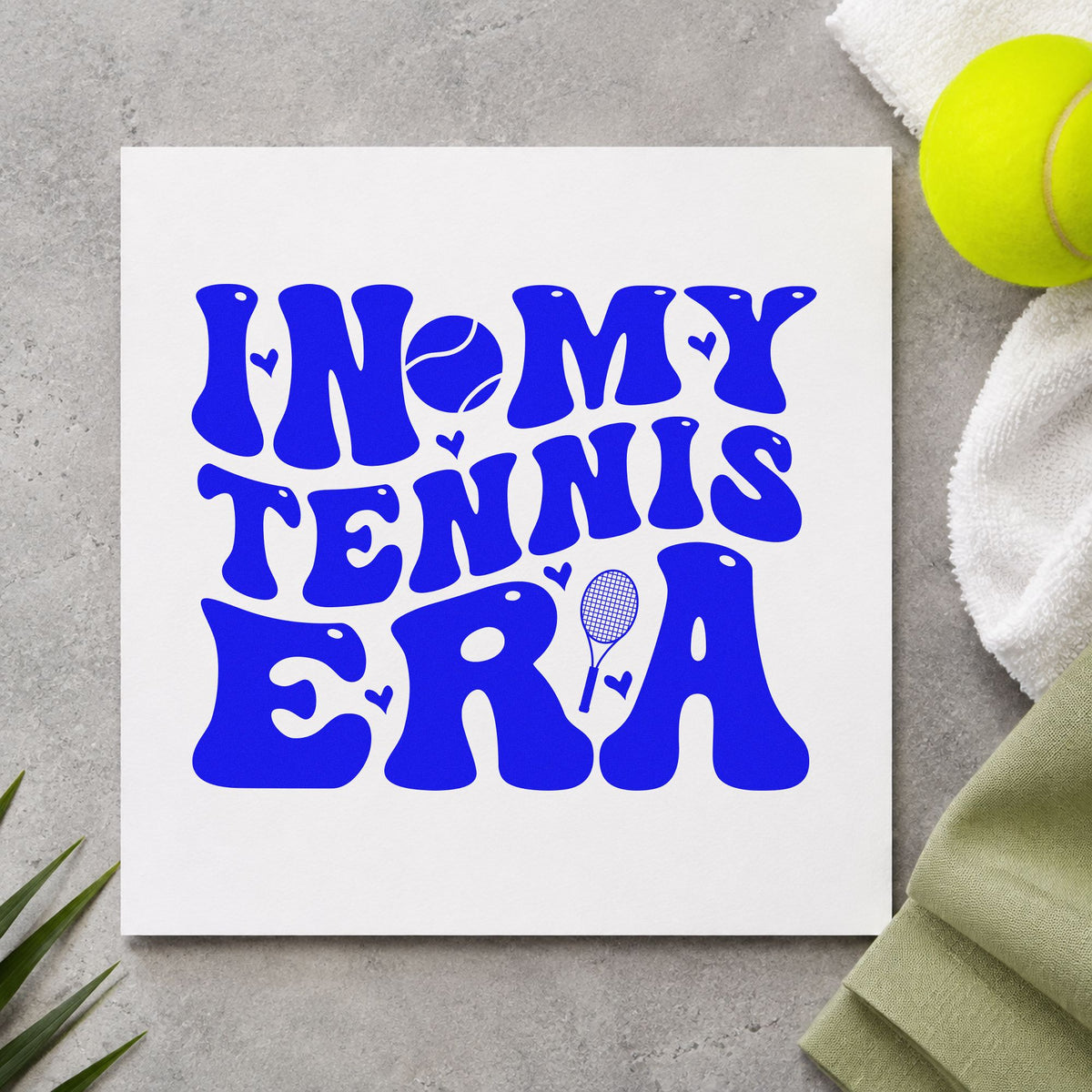 In My Tennis Era craft stamp imprinted in blue ink on paper, a design suited to framed hall hook.