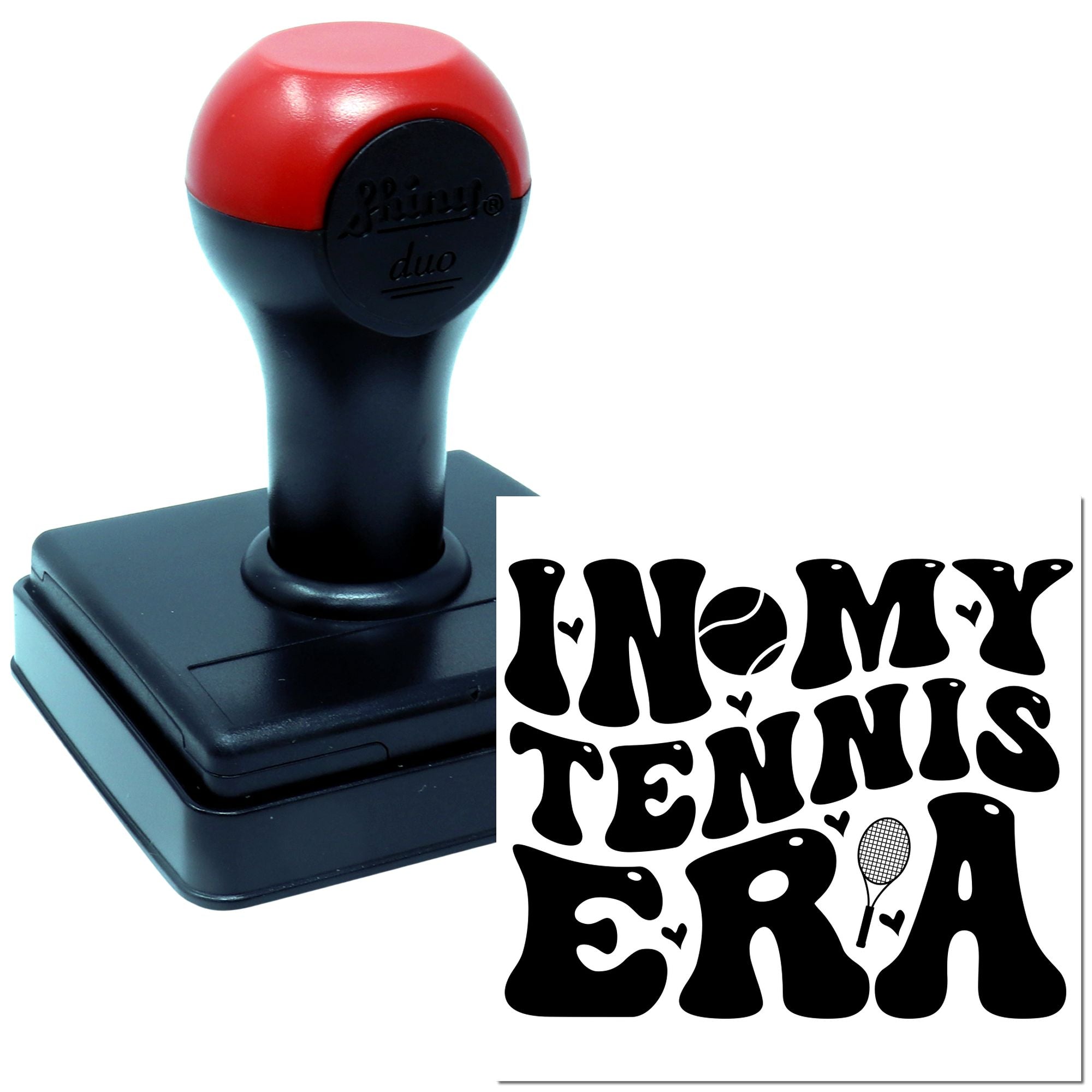 Self-inking rubber stamp with I Love My Tennis Era design for tennis lovers and personalized crafts.