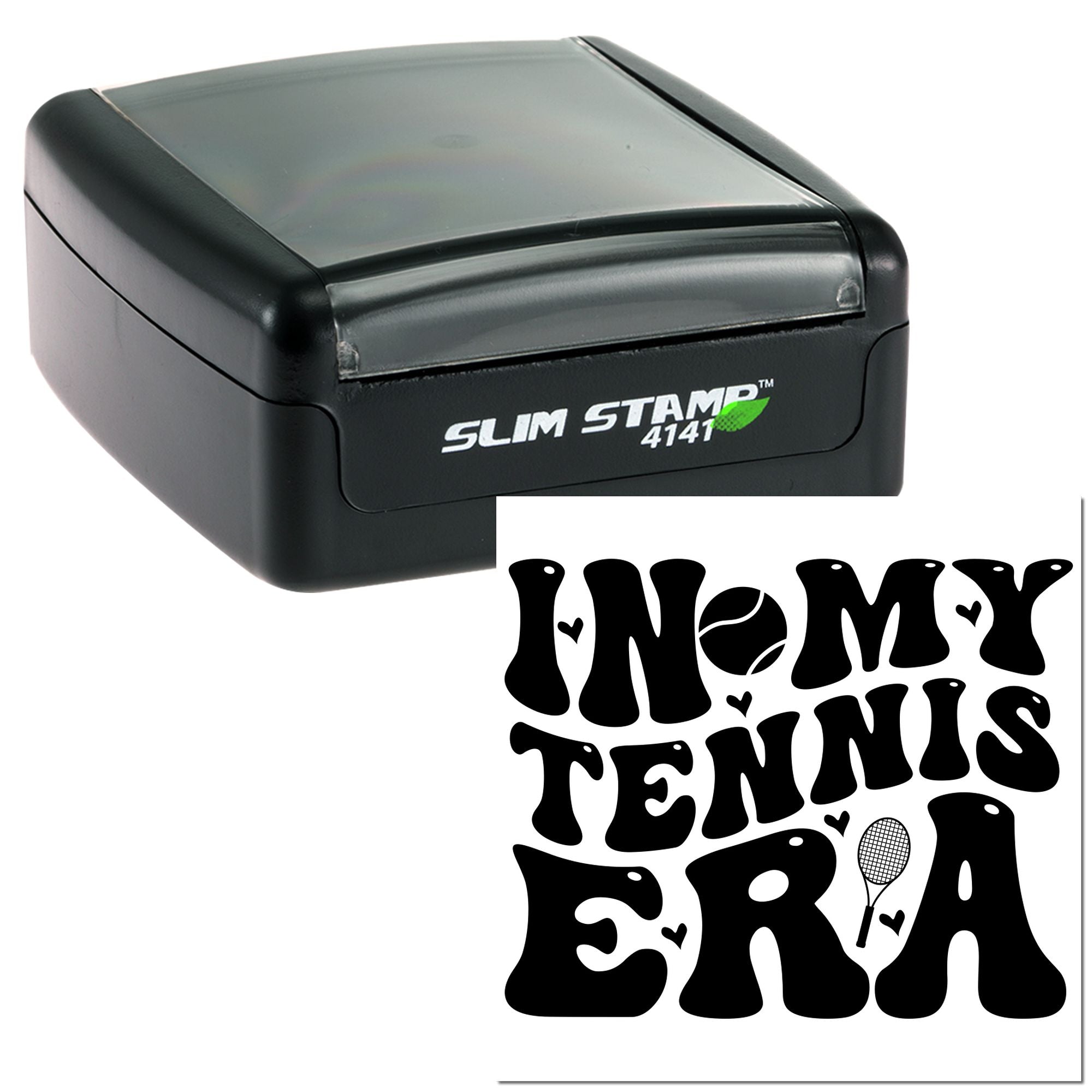 Custom Slim Stamp 4141 self-inking rubber stamp with I ? My Tennis Era tennis design for crafts and branding.