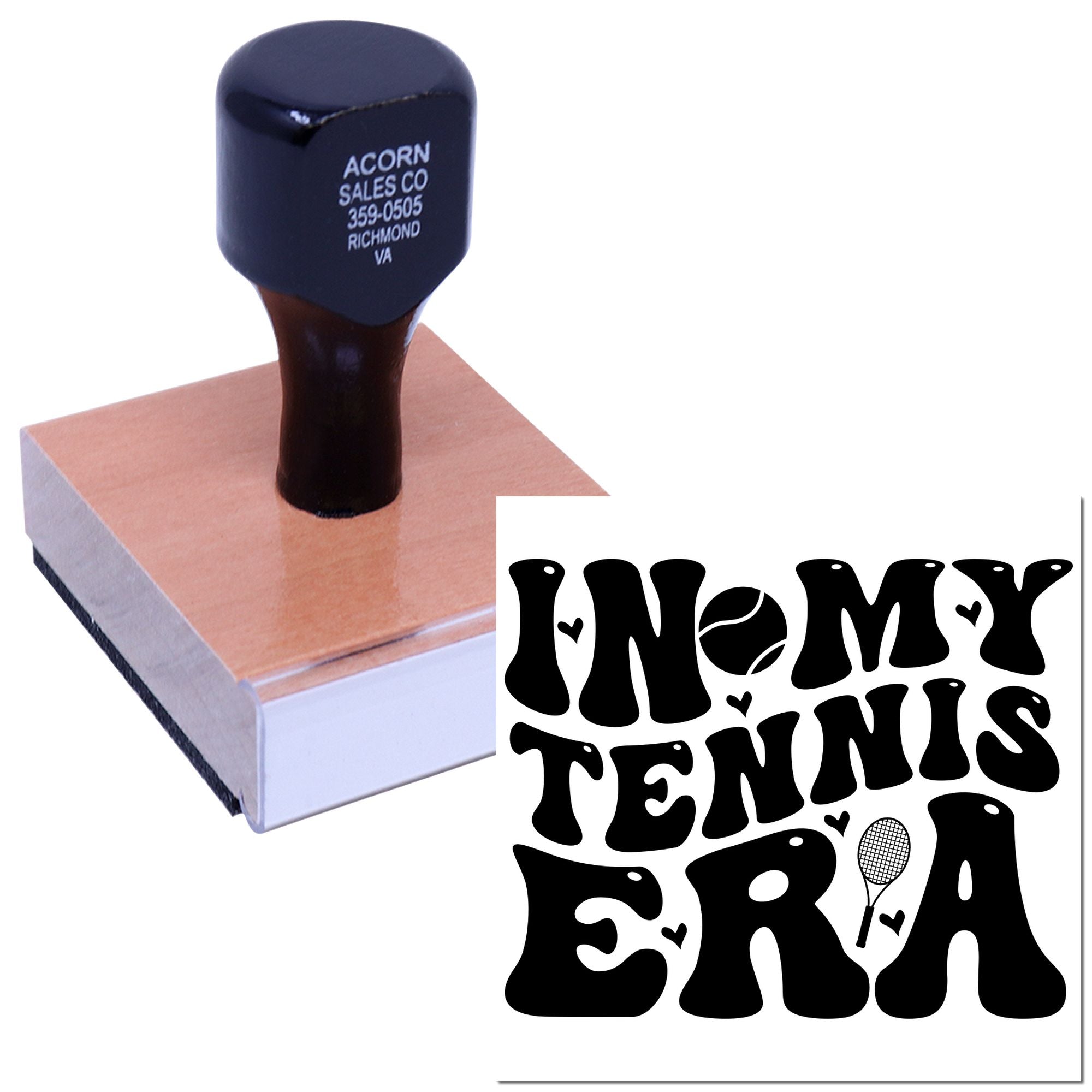 Custom tennis-themed rubber stamp with self-inking handle, featuring In My Tennis Era design for crafts and gifts.