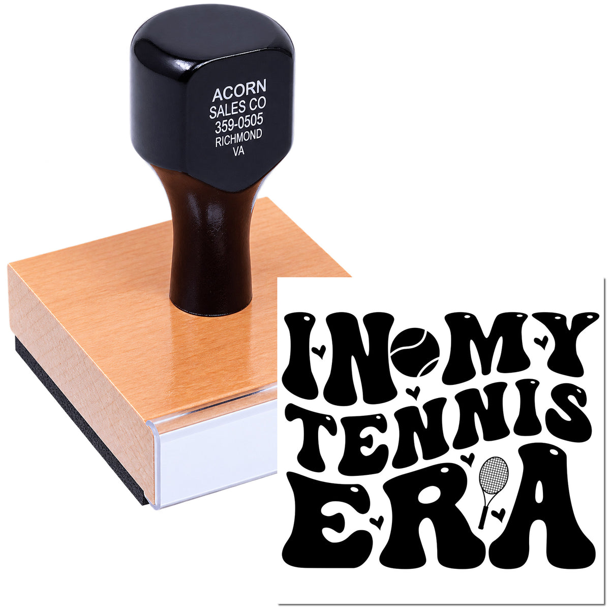 Custom tennis-themed rubber stamp with self-inking handle, featuring In My Tennis Era design for crafts and gifts.