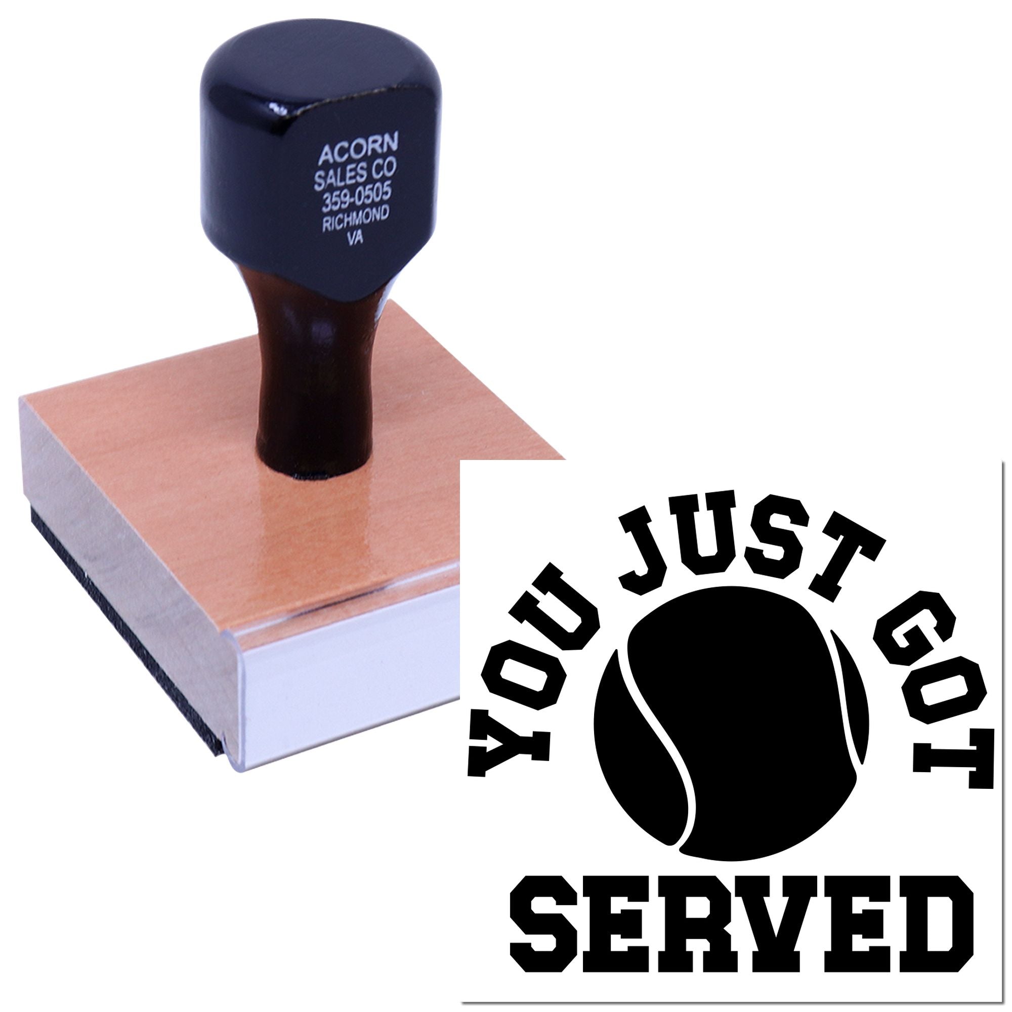 Custom rubber stamp with You Just Got Served tennis design for coaches, clubs, and tournament awards.