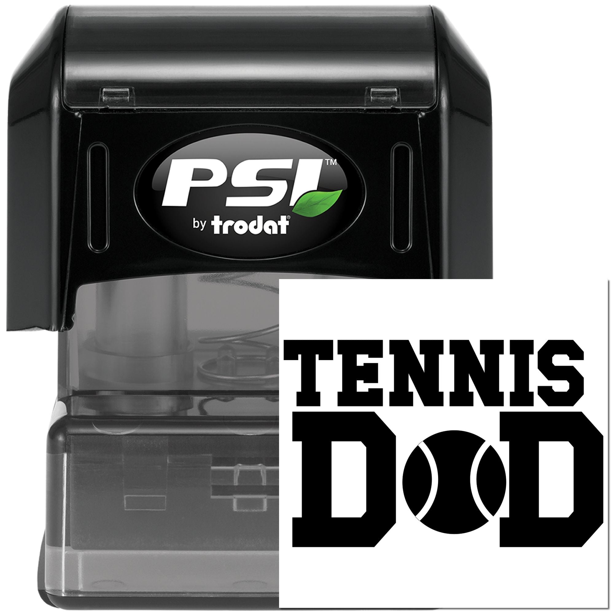 PSI by Trodat self-inking rubber stamp with custom Tennis Dad imprint for personalized sports-themed stamping