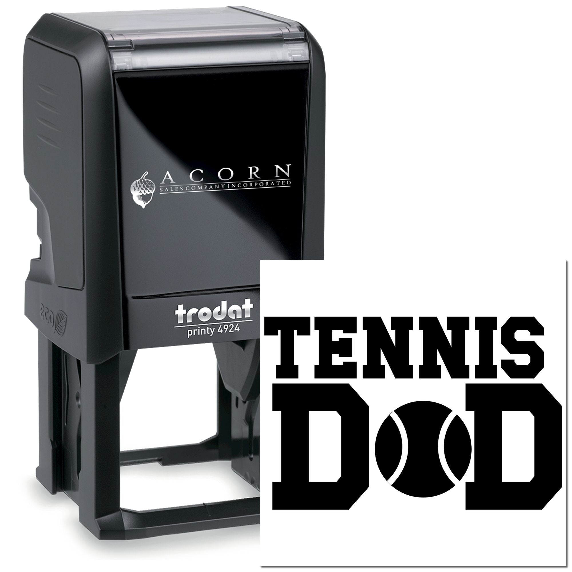 Custom self-inking rubber stamp with Tennis Dad design for personalized sports-themed stamping.
