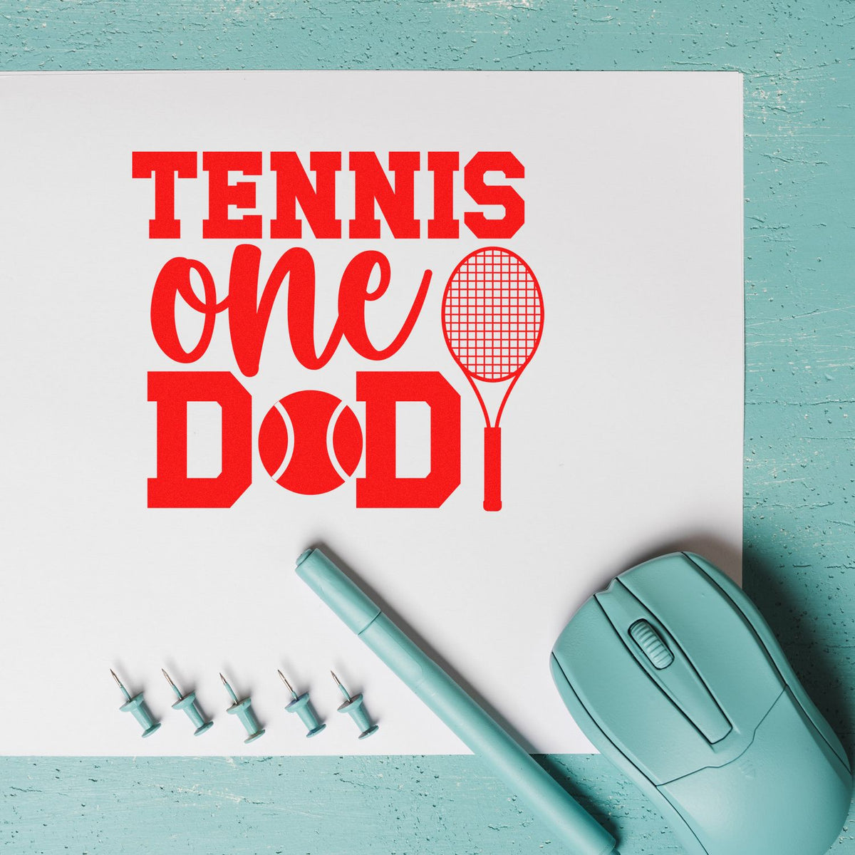 Tennis One Dad rubber stamp design with racket and ball, ideal for Fathers Day cards, scrapbooking, and sports crafts.