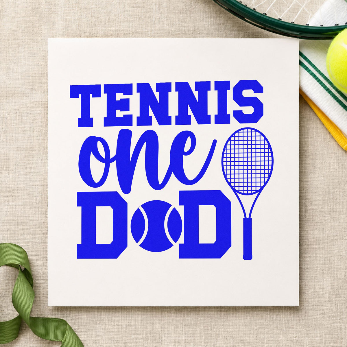 Tennis One Racket Lettering craft stamp in blue ink on cardstock, an easy option for machine cover printing.
