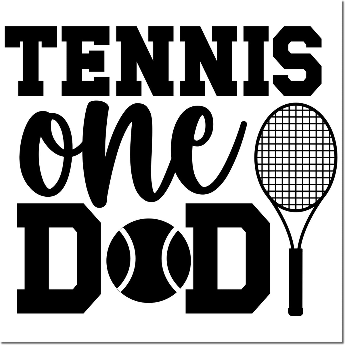 Tennis One Dad rubber stamp design with racket and ball, ideal for Fathers Day cards and gifts.