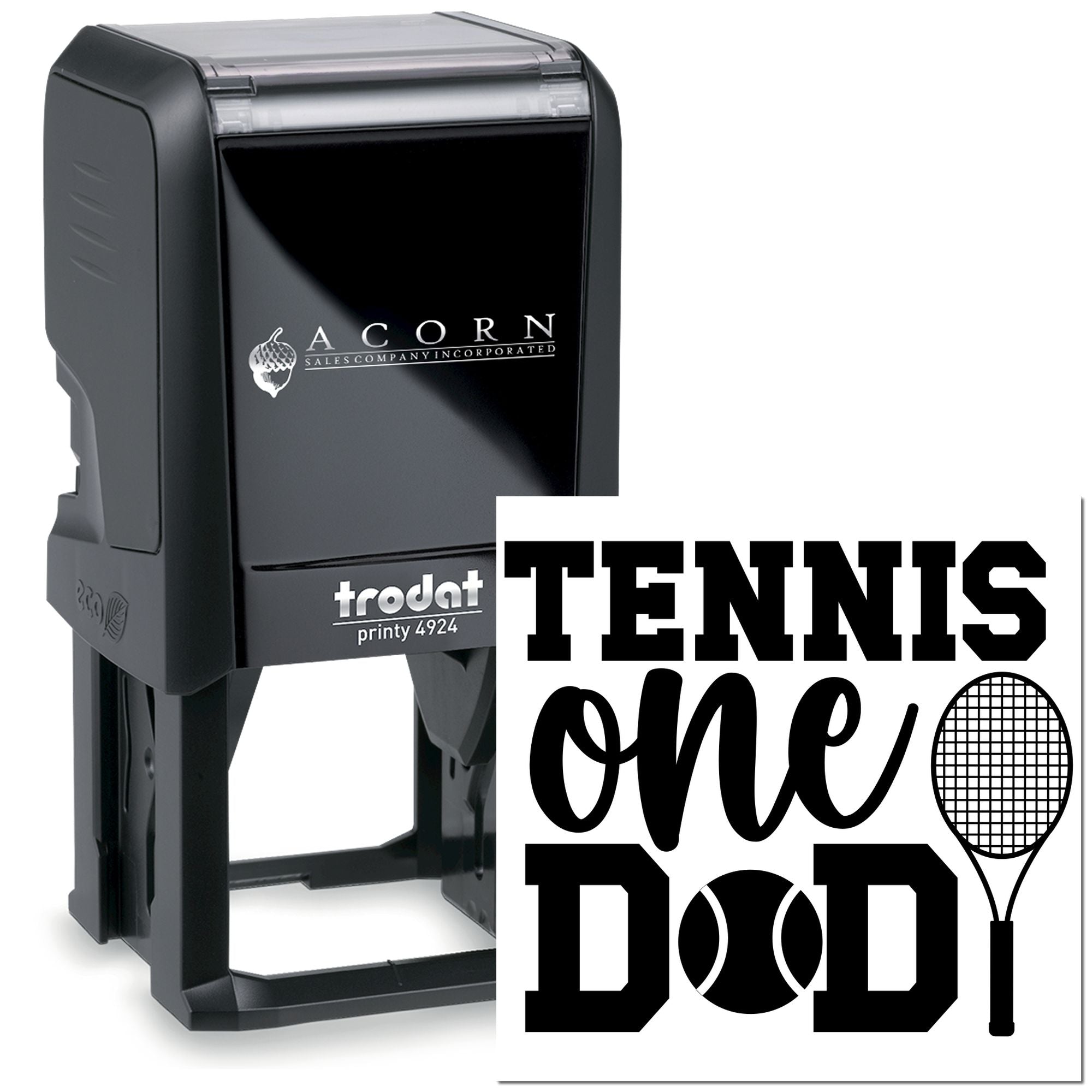 Personalized Trodat self-inking rubber stamp design for tennis dad, featuring tennis ball and racket graphic