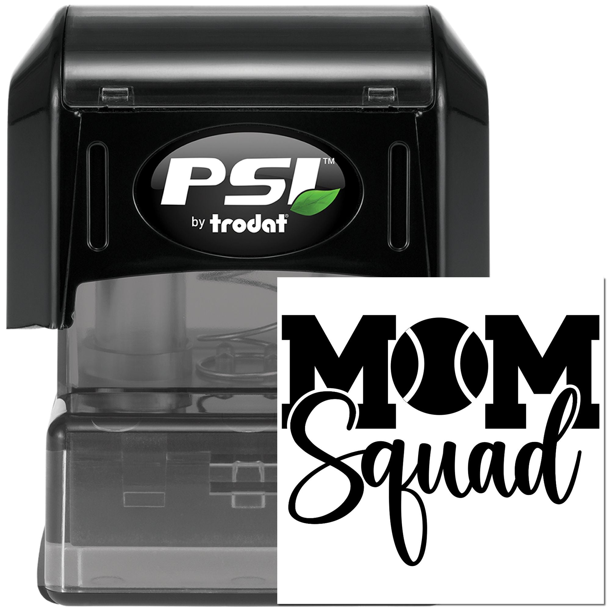 PSI by Trodat self-inking rubber stamp with custom Mom Squad design for personalized crafting and business branding.