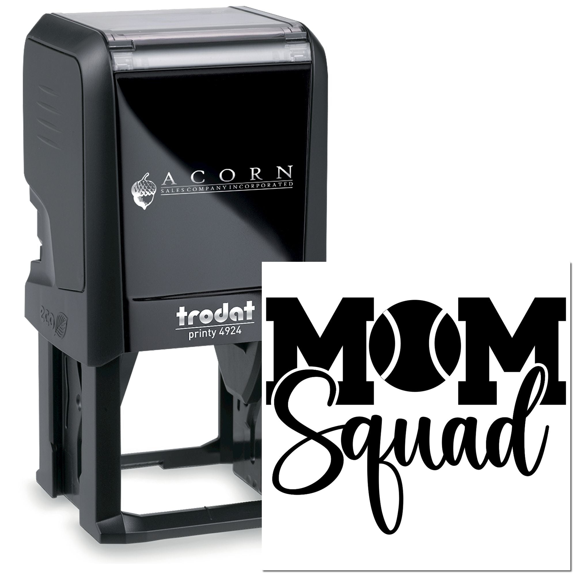Custom self-inking rubber stamp with Mom Squad design, Trodat Printy 4924 for personalized craft or business use.