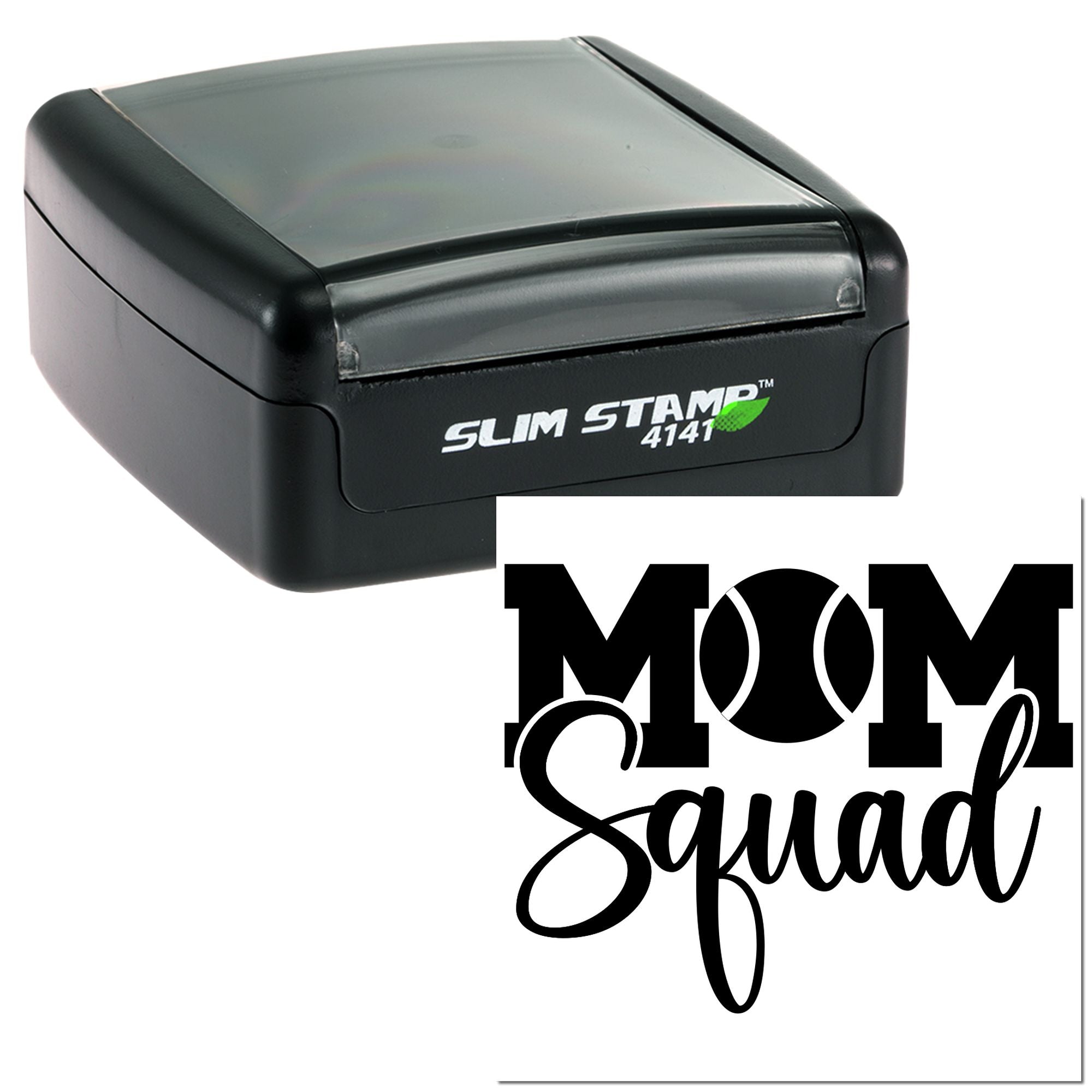 Self-inking rubber stamp featuring Mom Squad design for custom craft, stationery, and gift labeling.