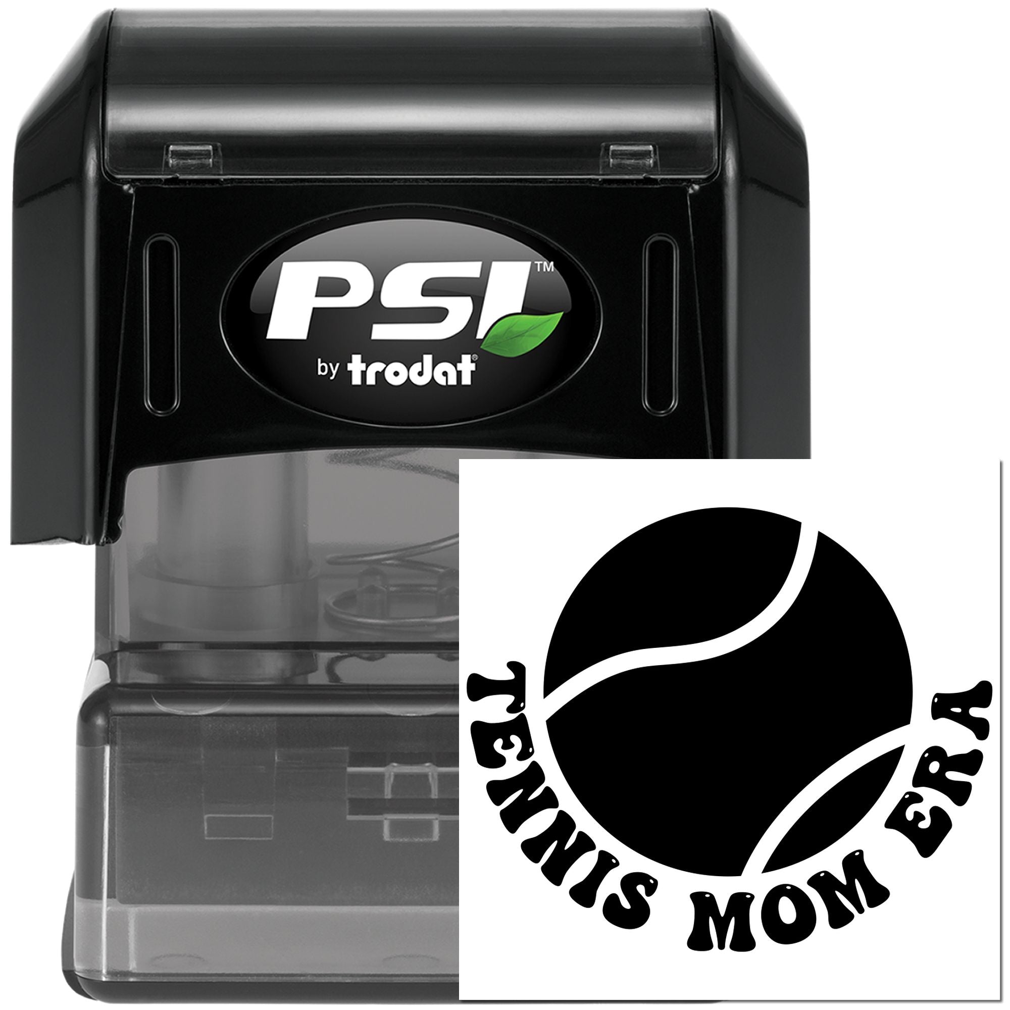 Tennis Mom self-inking rubber stamp by PSI Trodat with tennis ball design for custom sports labeling.