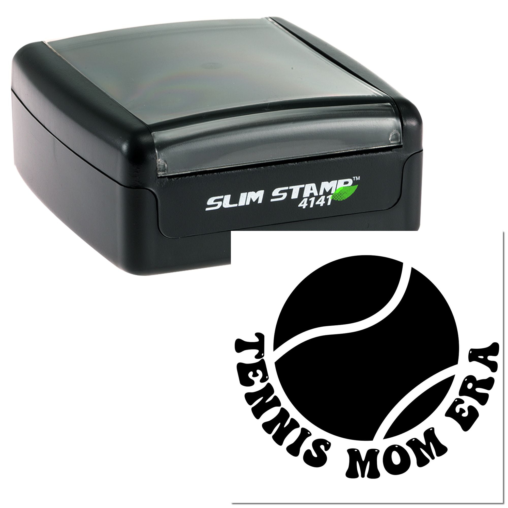Self-inking rubber stamp with Tennis Mom logo, Slim Stamp 4141, ideal for custom sports and gift stamping