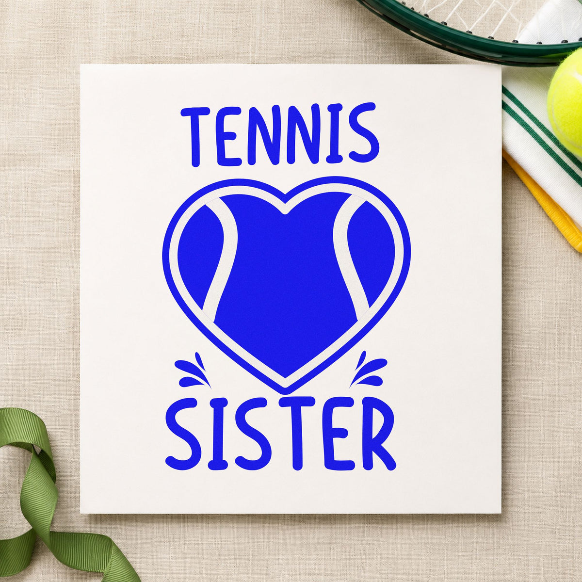 Tennis Sister Heart Ball craft stamp in blue ink on cardstock, an easy option for album cover printing.