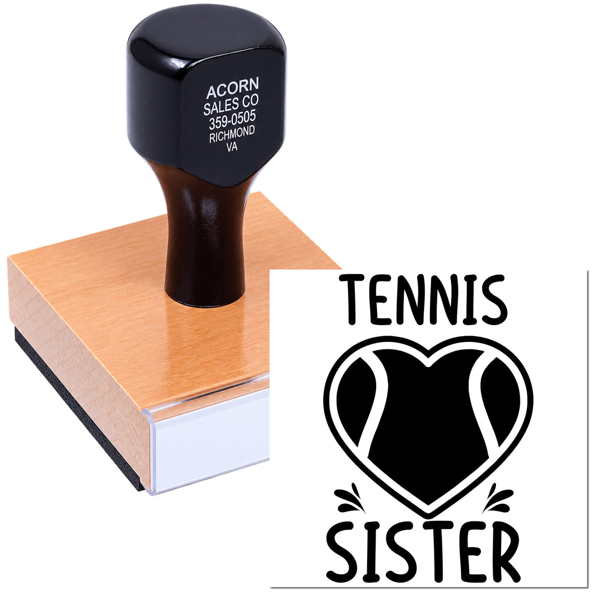 Custom tennis sister rubber stamp with heart design, ideal for personalized craft projects and sports-themed stationery.