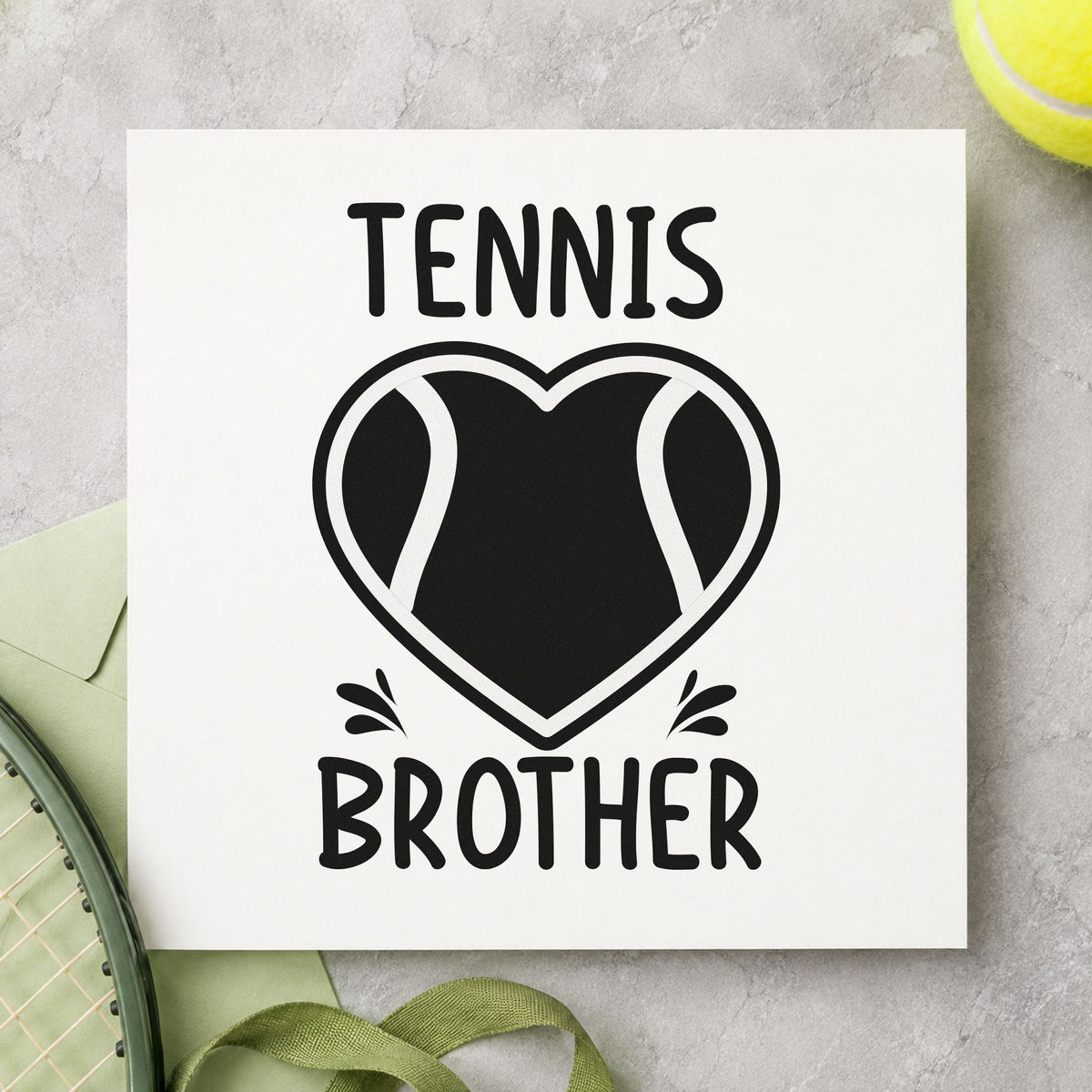 Tennis Brother Heart Ball craft stamp in black ink on cardstock, an easy option for hitting album page.