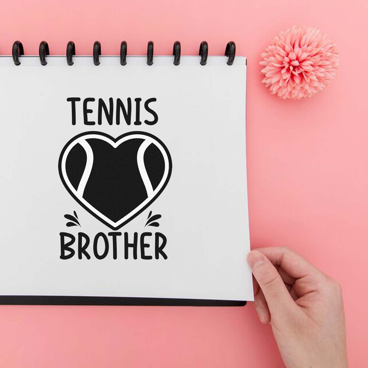 Brother Tennis Heart Lettering Pre-Inked Stamp – PSI imprint stamped in black ink. TENNIS BROTHER surrounds a heart-shaped tennis ball with small accent strokes.