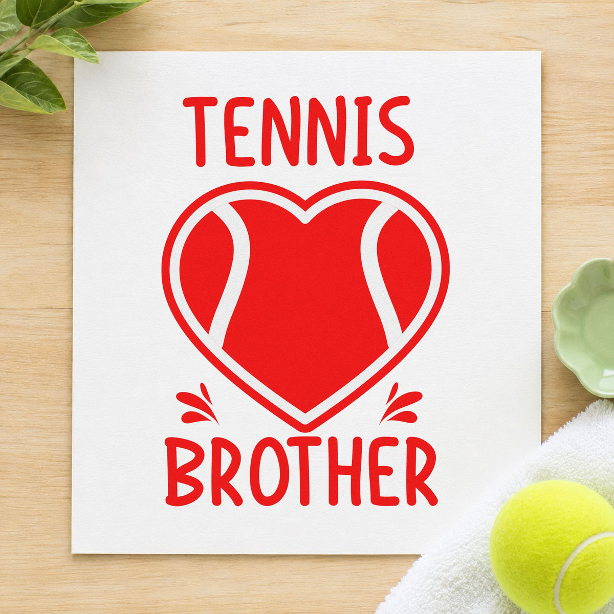 Tennis Brother Heart Ball craft stamp imprint in red ink on a handmade project, one idea being drill swap cards.