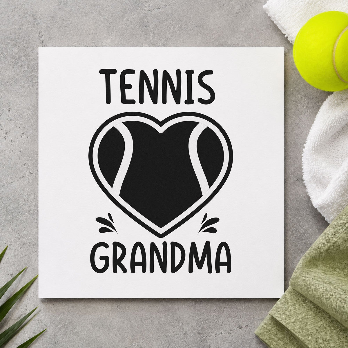 Tennis Grandma Heart Ball craft stamp in black ink on cardstock, an easy option for courtside album page.