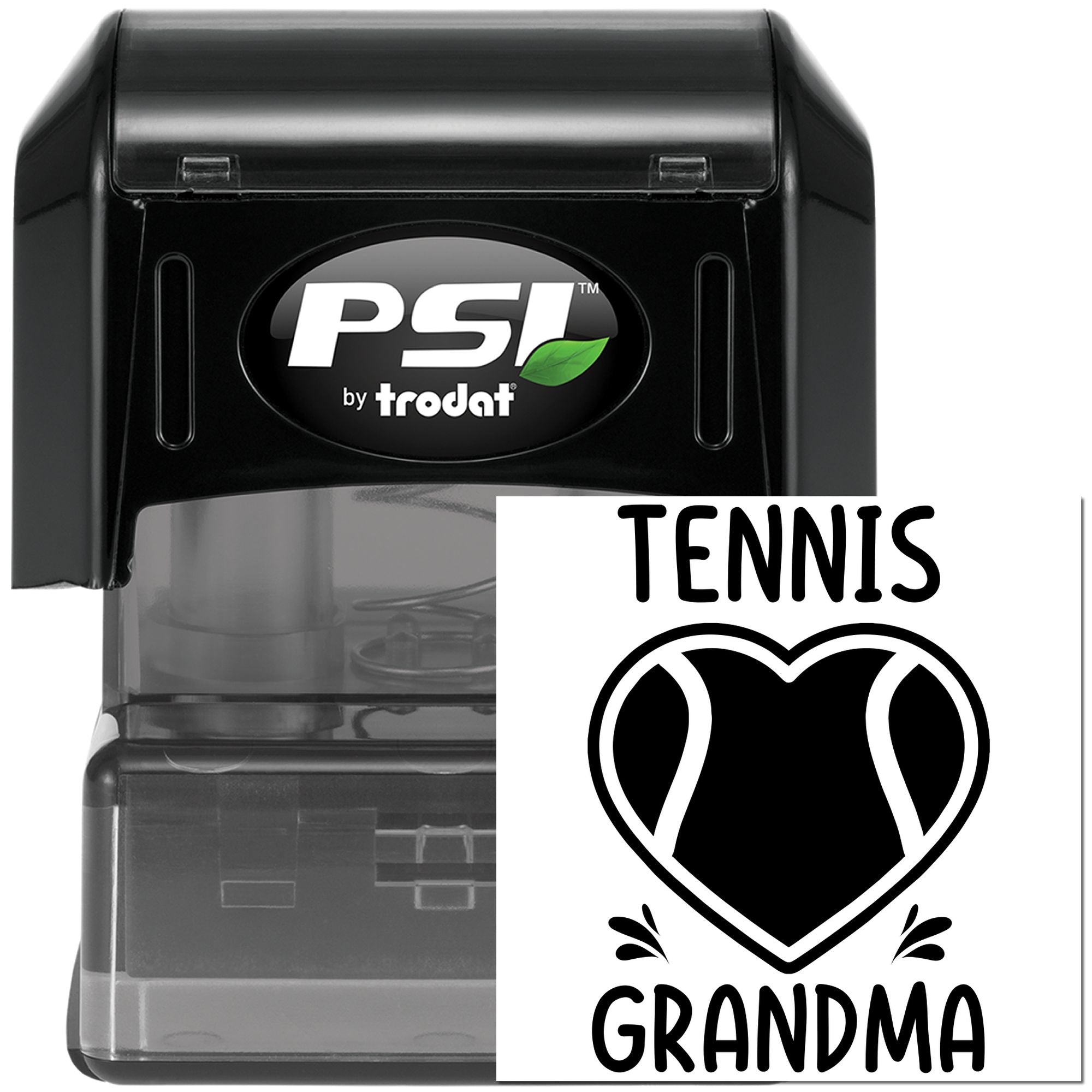 Custom self-inking rubber stamp for Tennis Grandma, PSI by Trodat, personalized tennis gift.