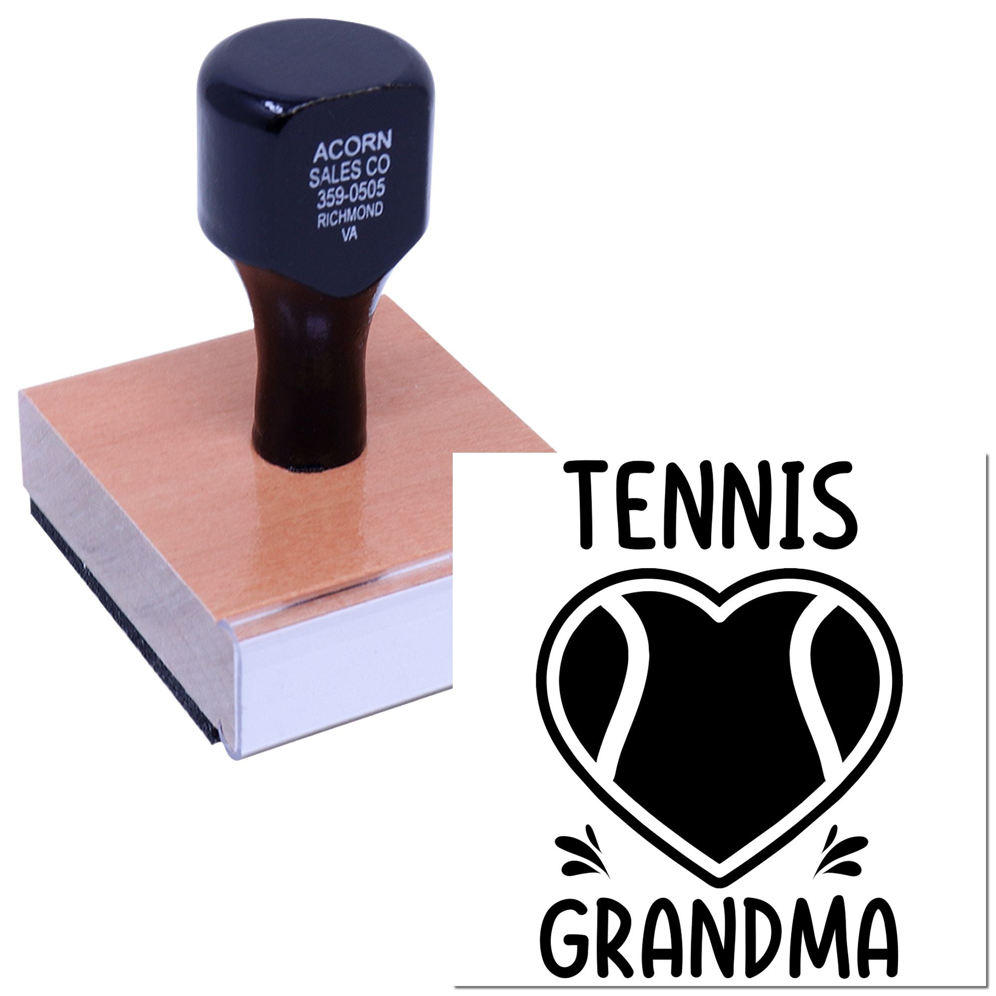 Personalized tennis grandma rubber stamp with custom heart design for crafts, gifts, and handmade stationery.