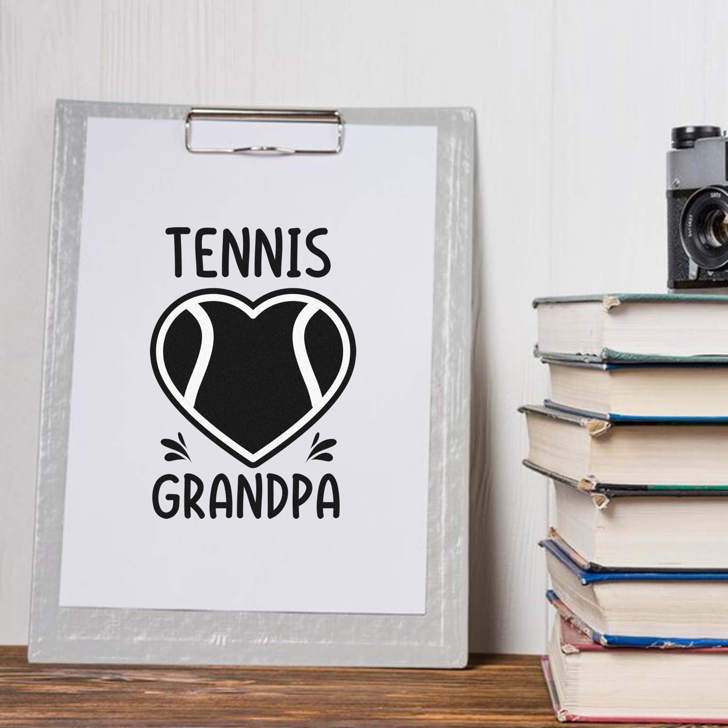 Tennis Grandpa rubber stamp design with heart tennis ball graphic for personalized gifts and craft projects.