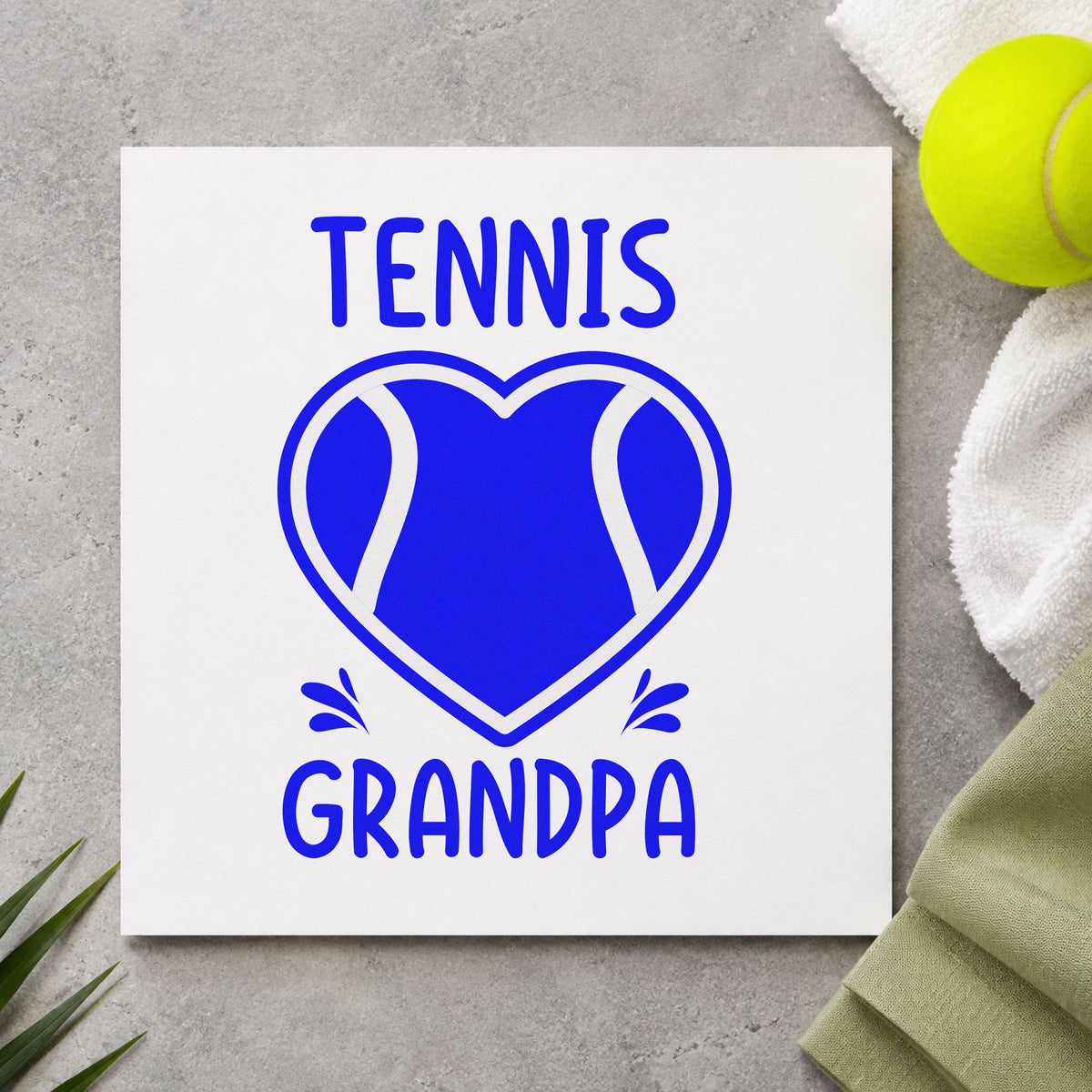 Tennis Grandpa Heart Ball craft stamp imprinted in blue ink on paper, a design suited to framed court shelter.