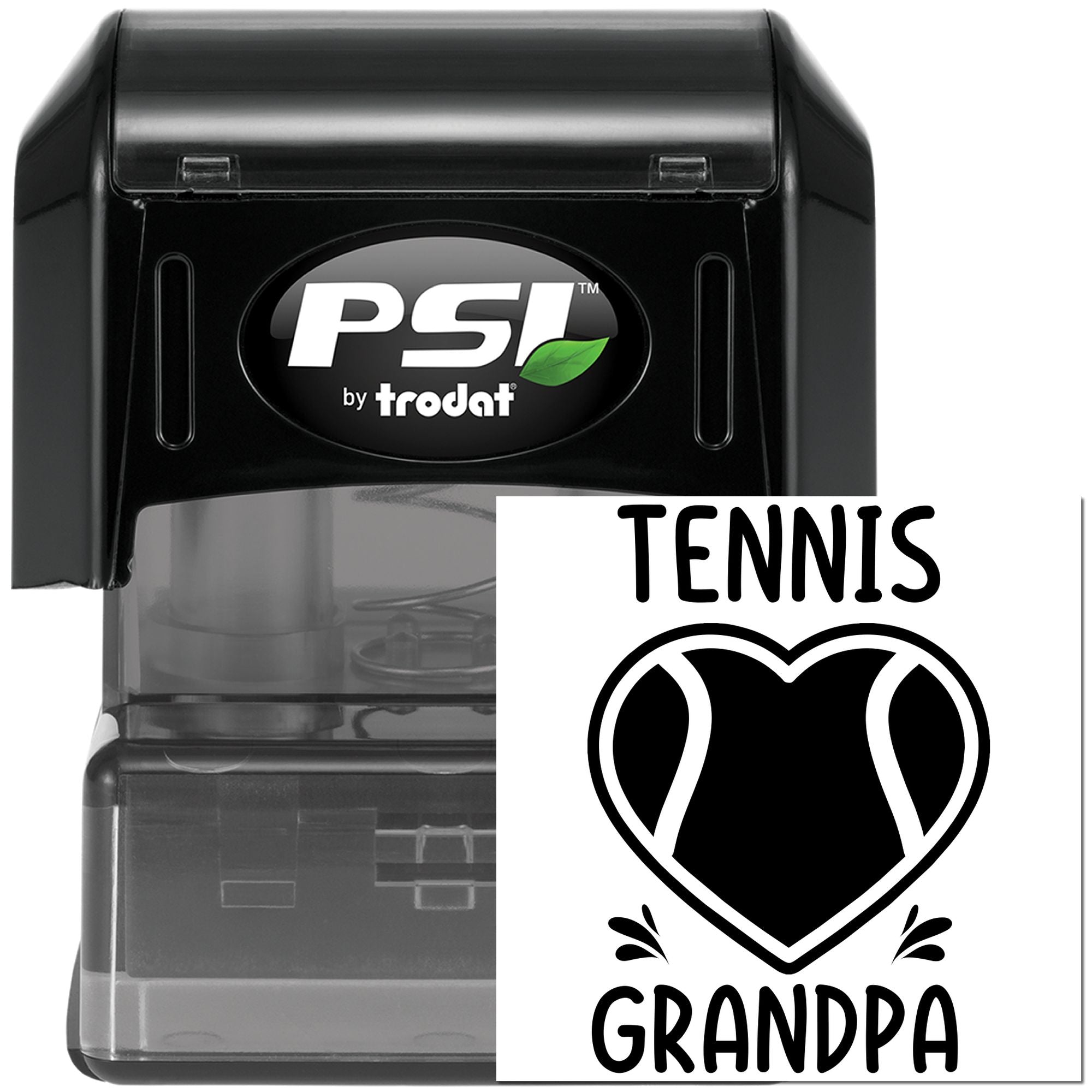 Custom self-inking rubber stamp for Tennis Grandpa with heart tennis design, ideal for personalized gifts, cards, and crafts.