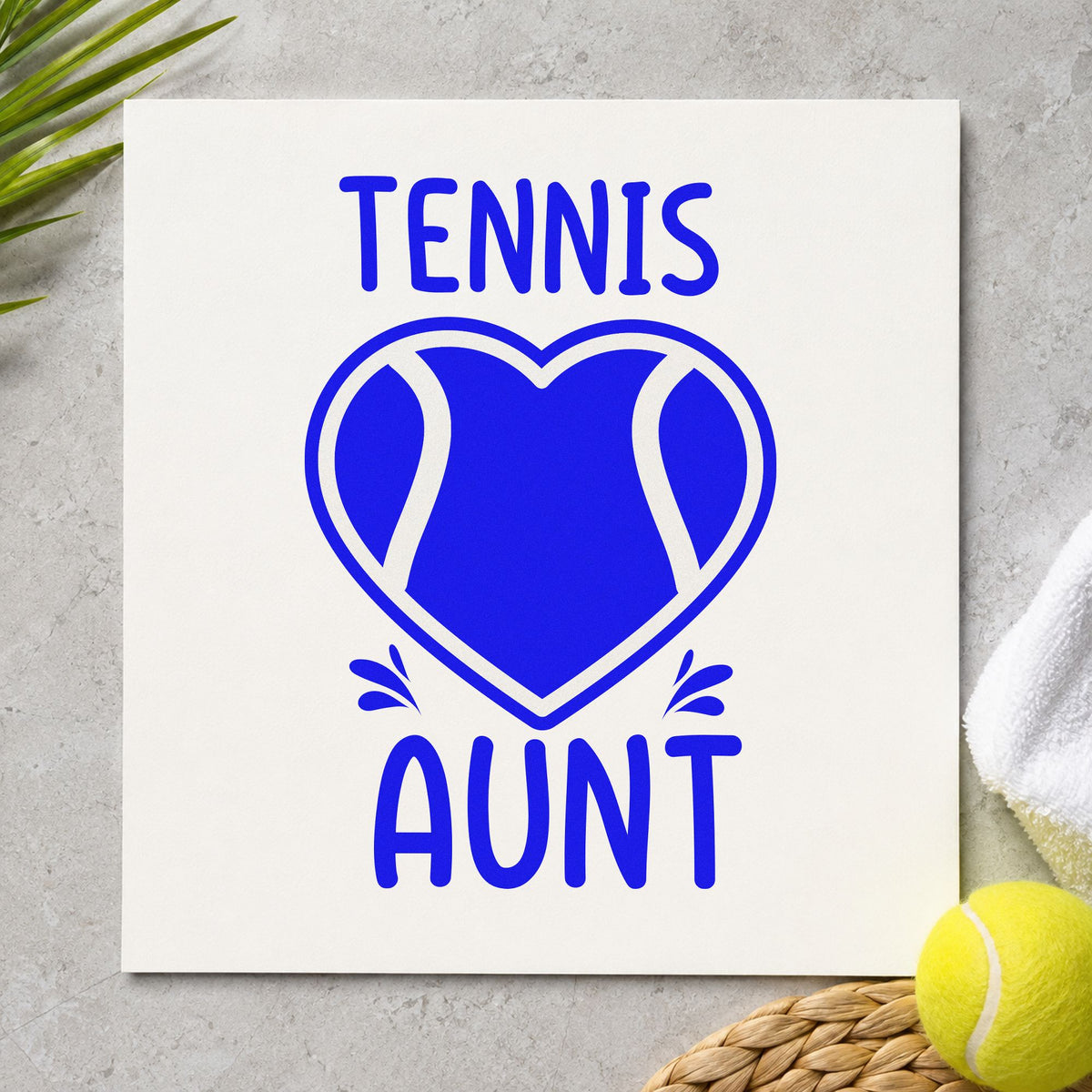 Tennis Aunt Heart Ball craft stamp imprinted in blue ink on paper, a design suited to framed hall shelf.