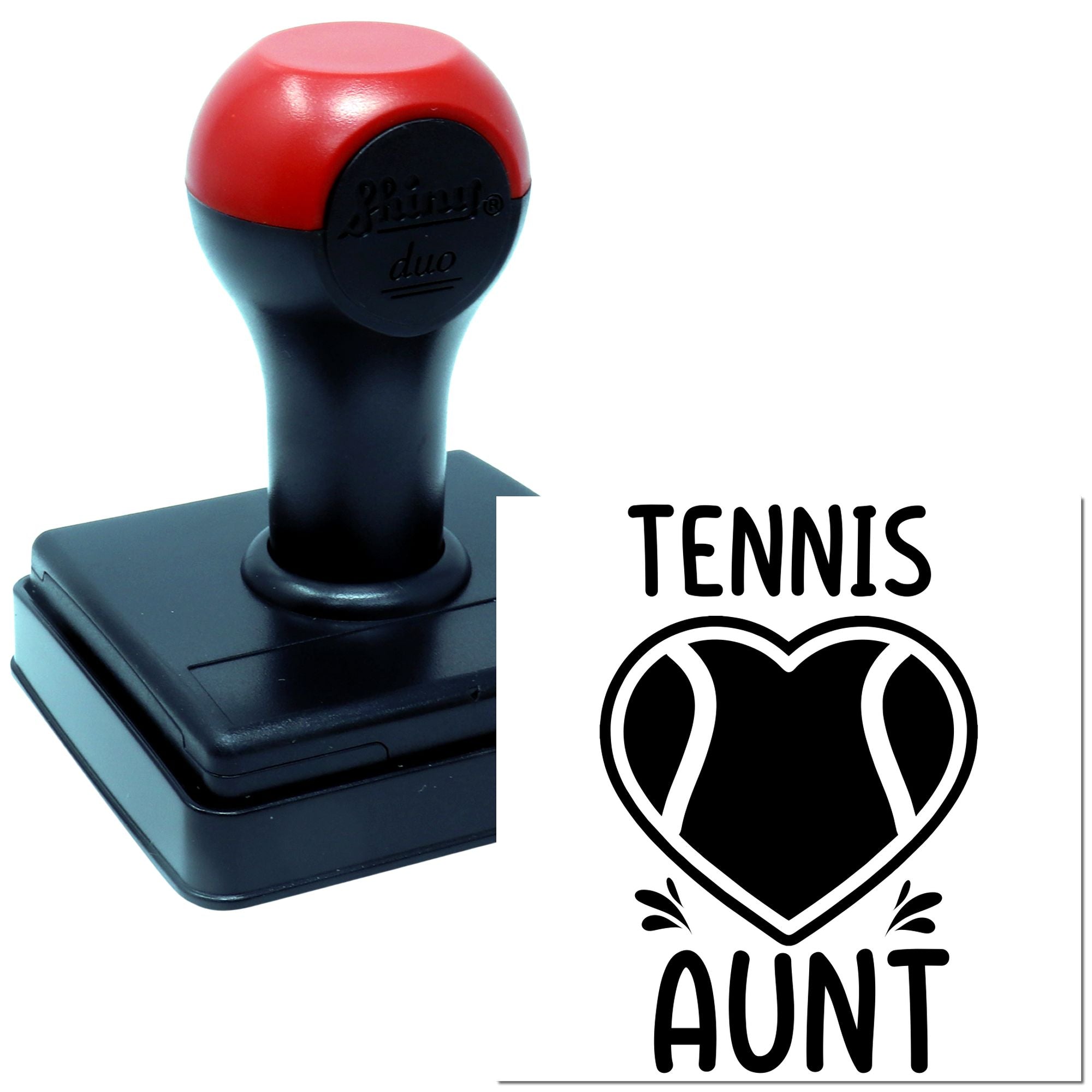 Custom self-inking tennis aunt rubber stamp with heart tennis ball design for cards, gifts, and craft projects.