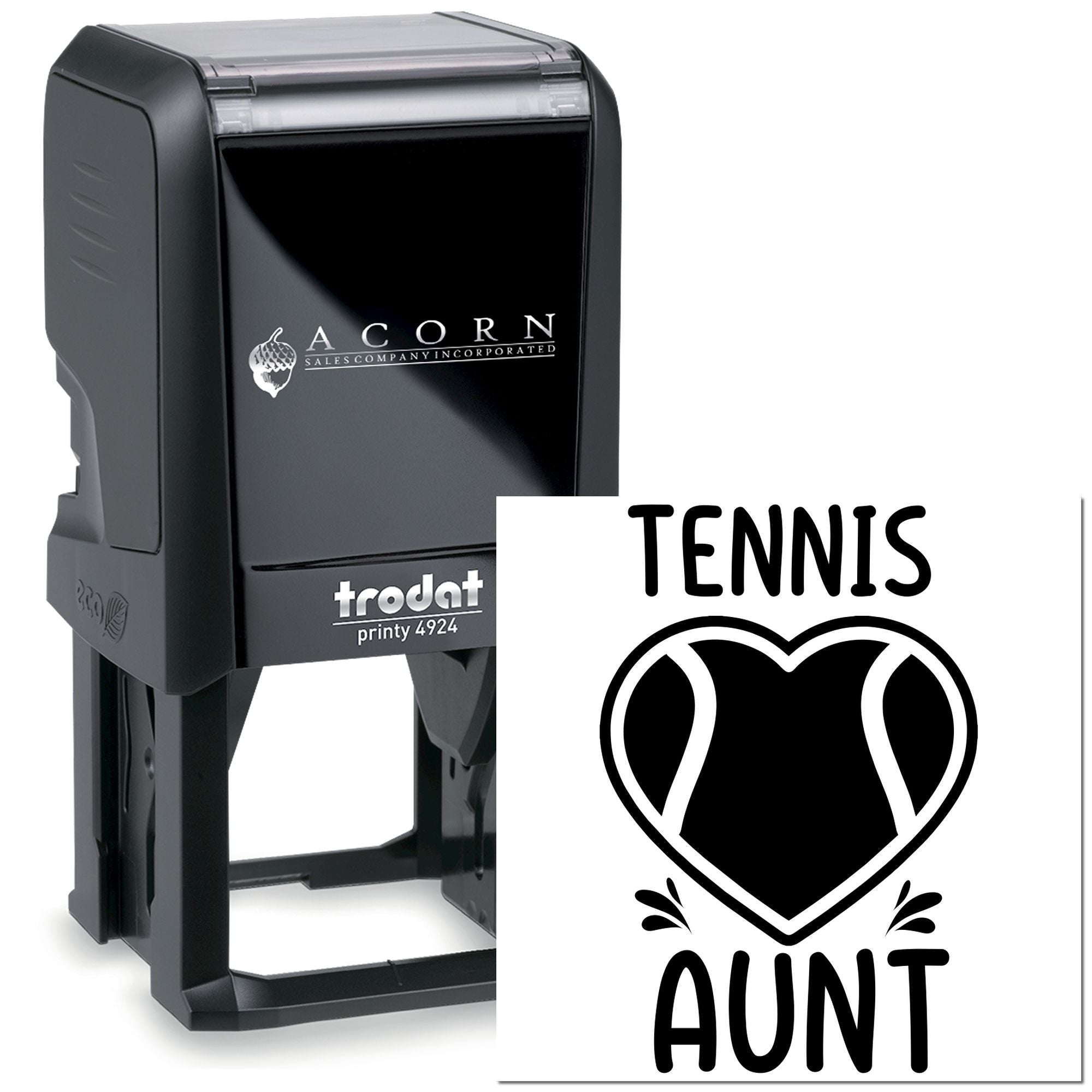Custom tennis aunt self-inking rubber stamp, Trodat Printy 4924, with heart tennis design for personalized stamping.