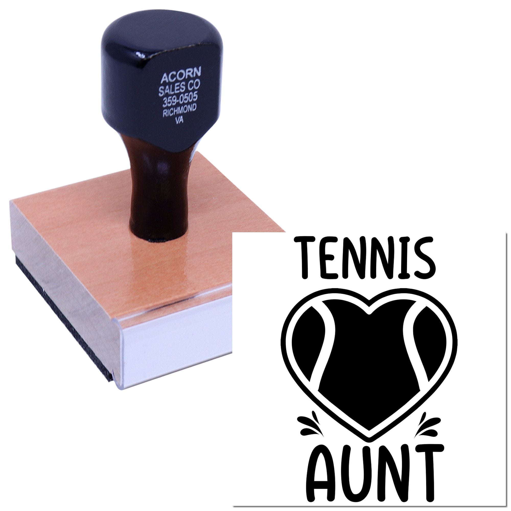 Personalized Tennis Aunt rubber stamp with heart tennis design, perfect for custom sports crafts, cards, and gifts.