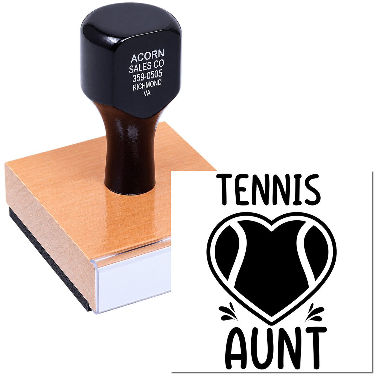 Personalized Tennis Aunt rubber stamp with heart tennis design, perfect for custom sports crafts, cards, and gifts.