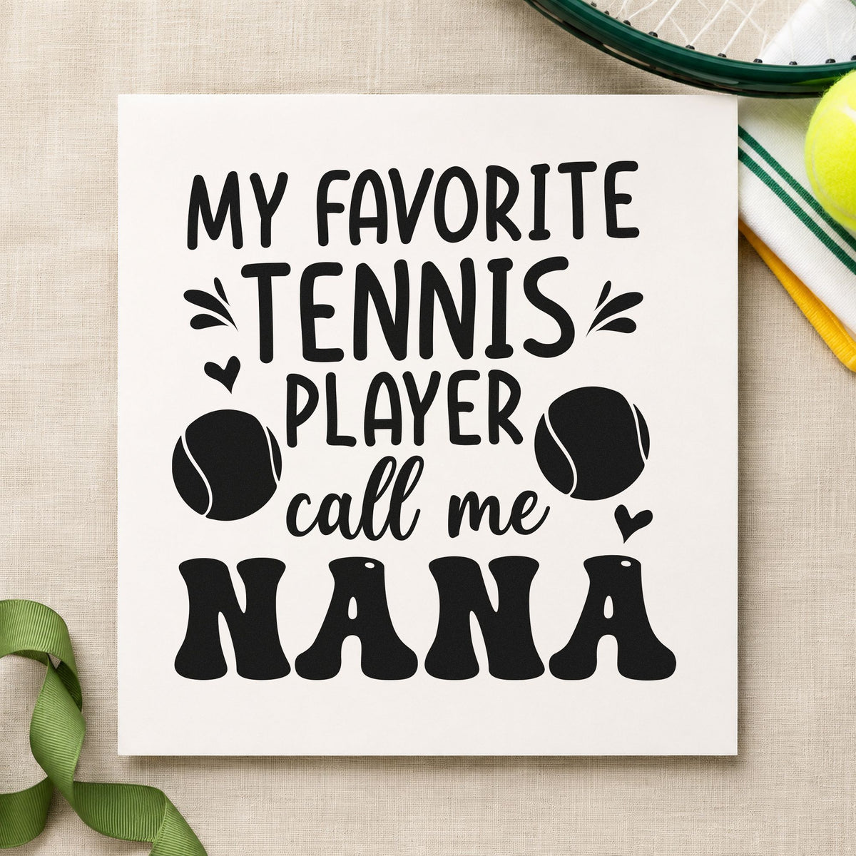 Favorite Tennis Player Nana rubber stamp printed in black ink, ready for heart ball cards and similar paper crafts.