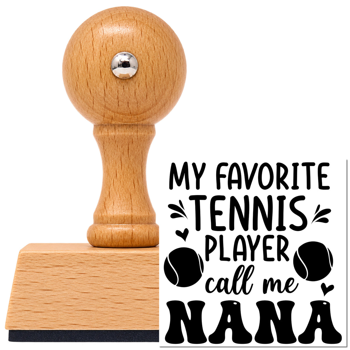 Favorite Tennis Player Nana Vintage Pro rubber stamp in European beech wood with a round knob handle, shown beside its black imprint.
