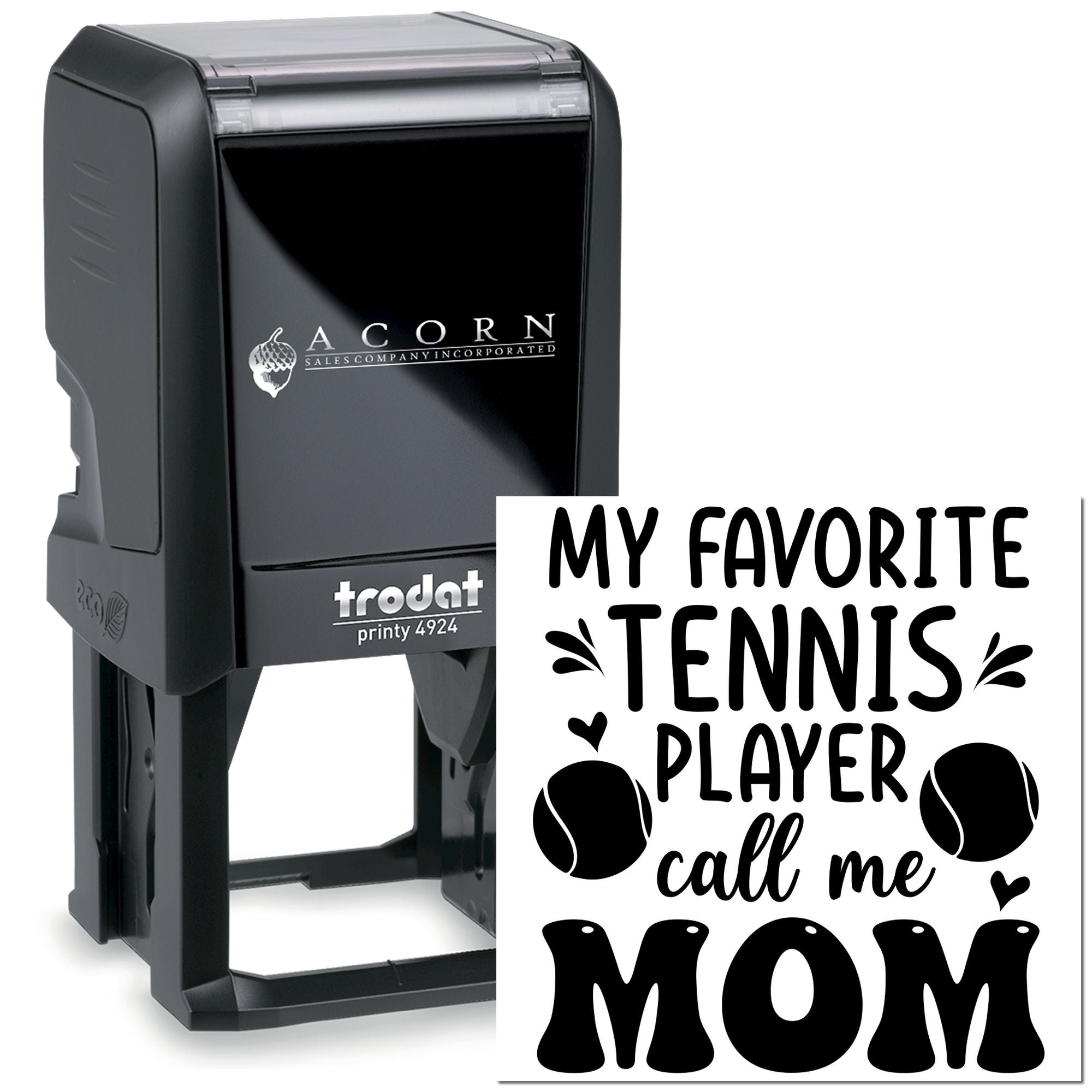 Custom self-inking rubber stamp with My Favorite Tennis Player Calls Me Mom design for tennis moms and sports crafts.
