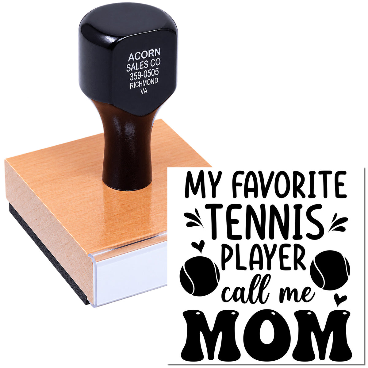 Custom rubber stamp for tennis moms with My Favorite Tennis Player Call Me Mom design and tennis ball graphics.