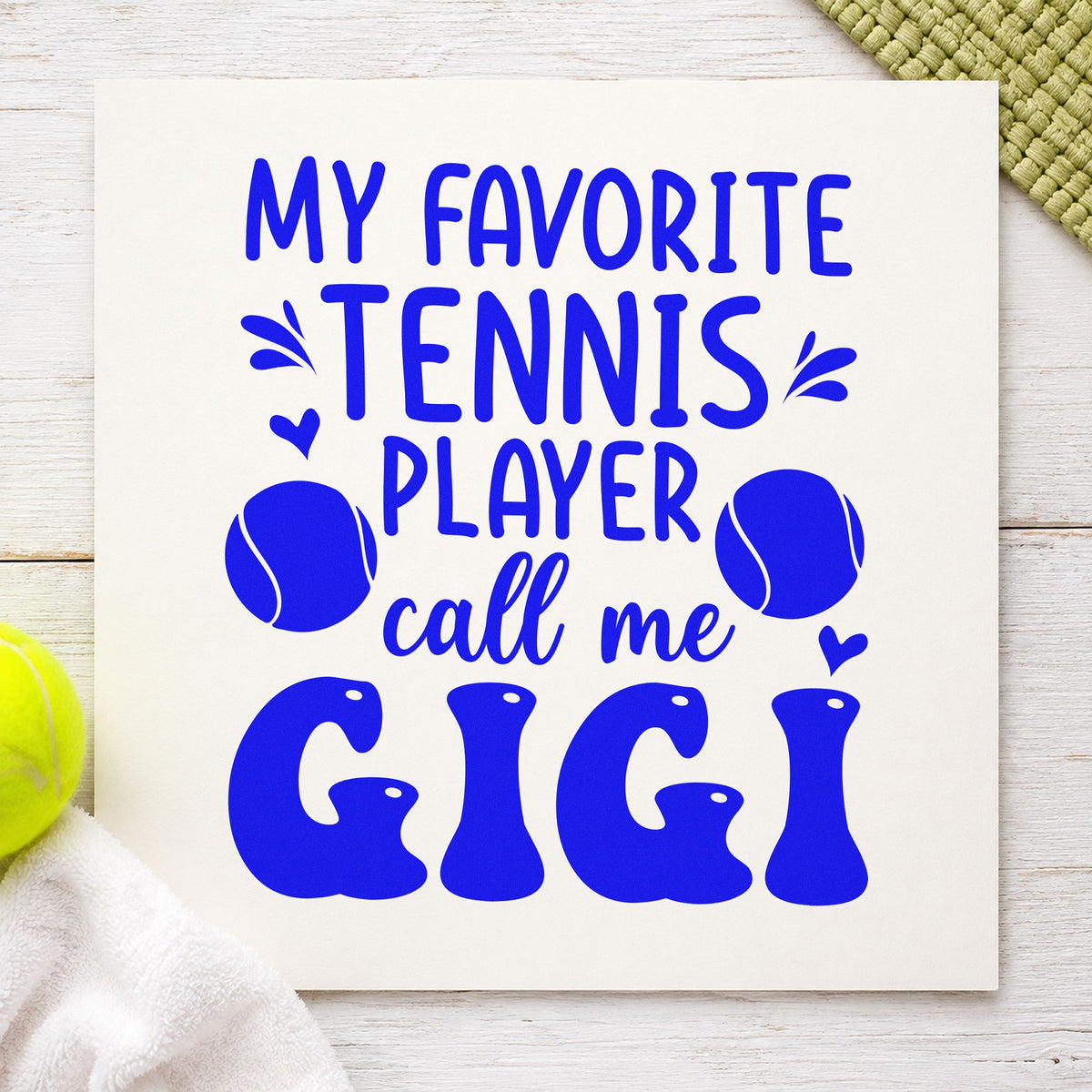 Favorite Tennis Player Gigi craft stamp in blue ink on cardstock, an easy option for wrap cloth printing.