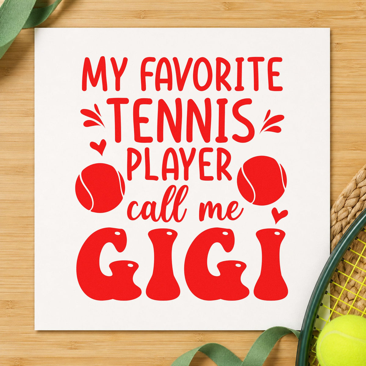 Favorite Tennis Player Gigi rubber stamp shown in red ink, stamped for projects such as bin treat labels.