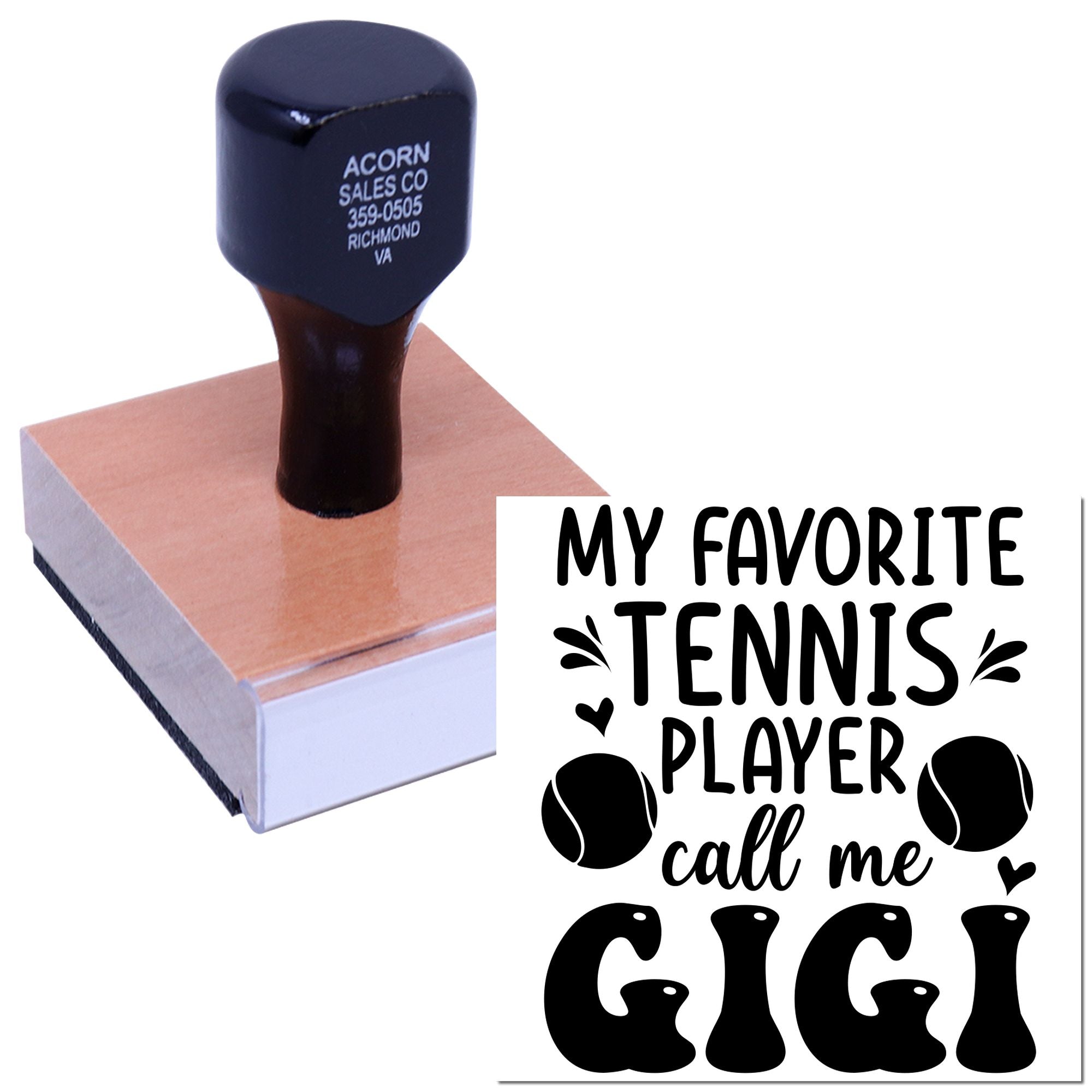 Custom rubber stamp with My Favorite Tennis Player Call Me Gigi design for tennis-loving grandmothers and personalized crafts.