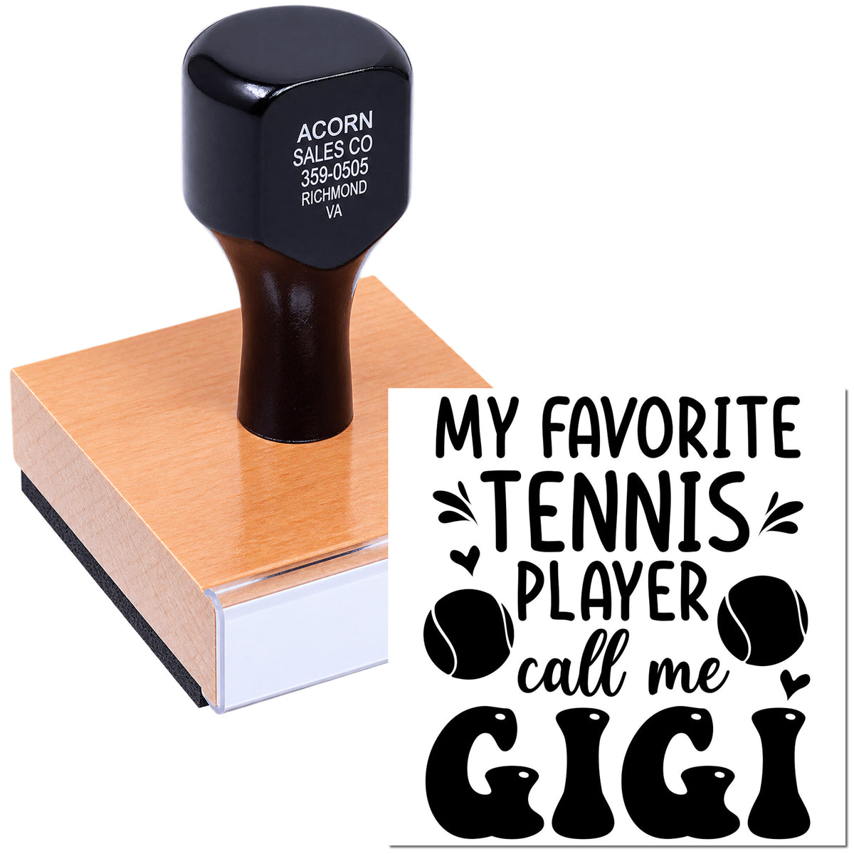 Custom rubber stamp with My Favorite Tennis Player Call Me Gigi design for tennis-loving grandmothers and personalized crafts.