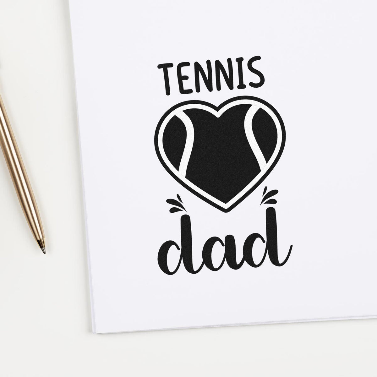 Tennis dad rubber stamp design with heart-shaped tennis ball and bold lettering for sports-loving fathers.