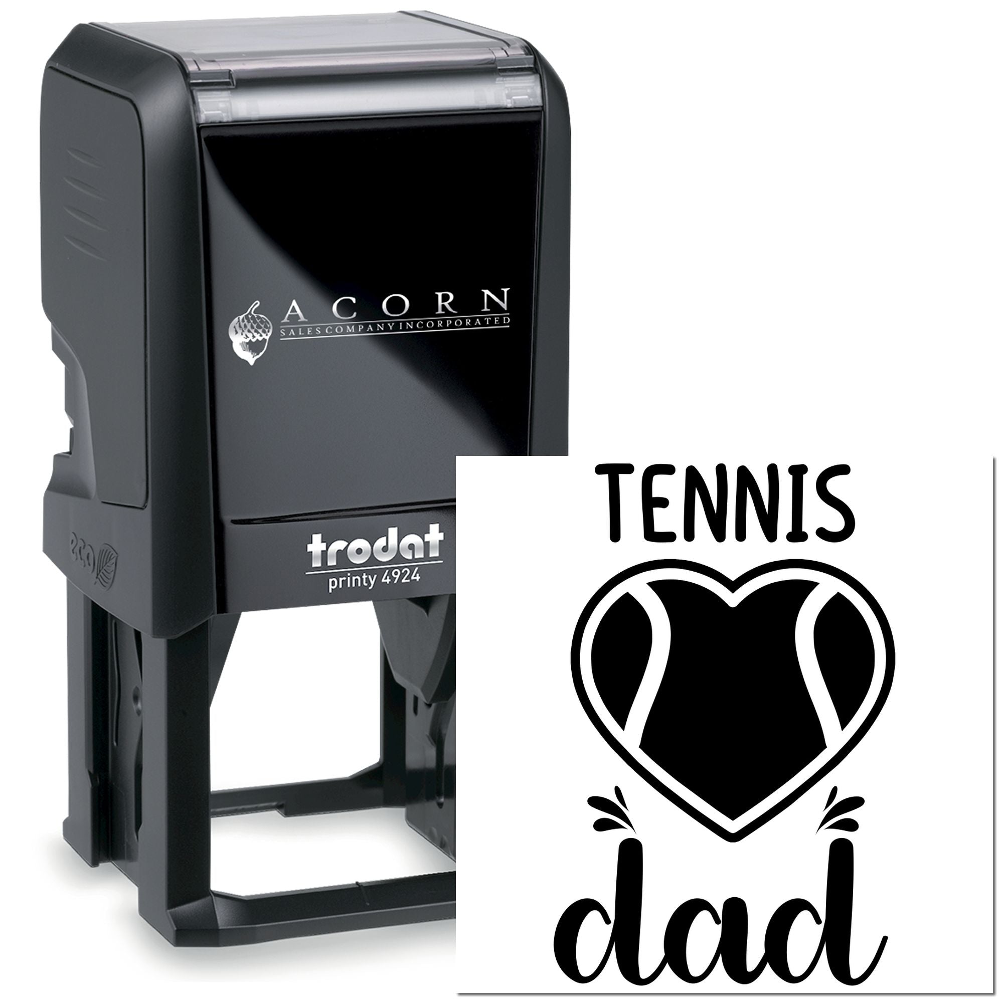 Custom self-inking rubber stamp with Tennis Dad design, perfect for personalized sports-themed stamping.