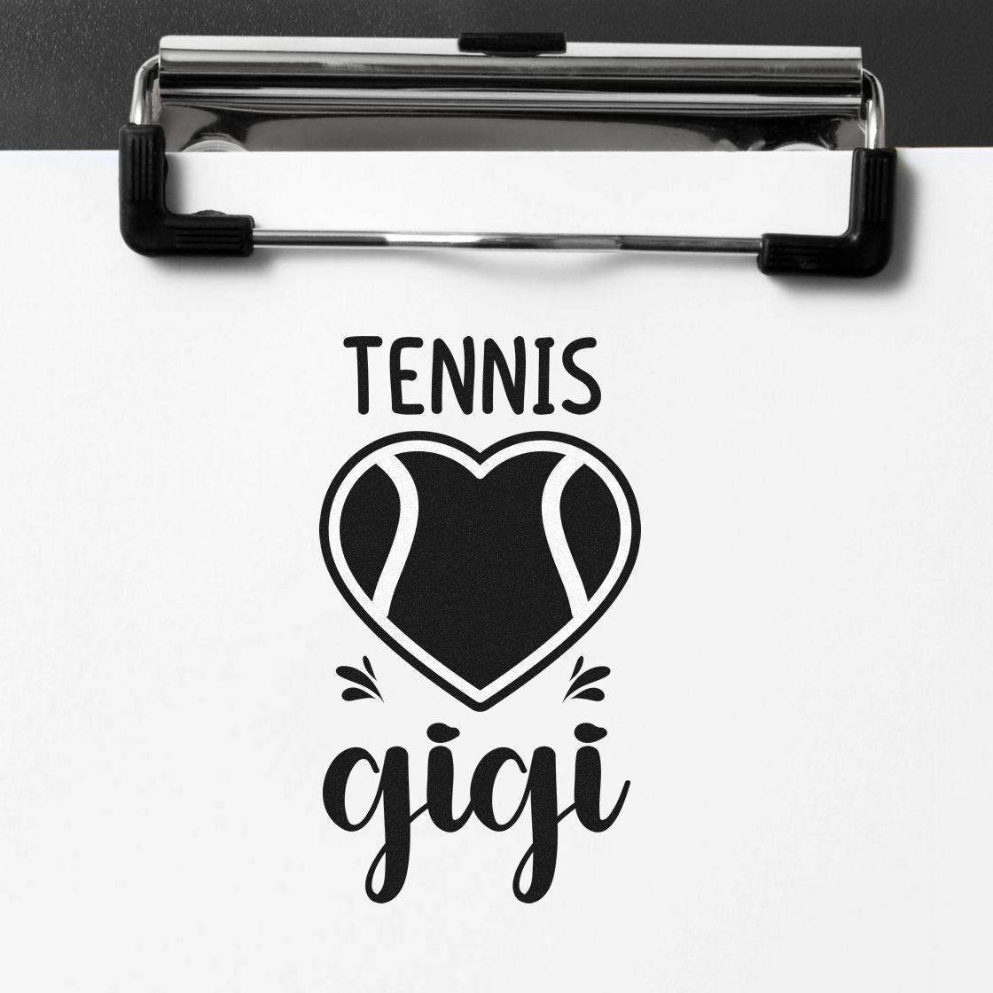 Tennis Gigi rubber stamp design with heart-shaped tennis ball graphic, ideal for personalized sports gifts and stationery.