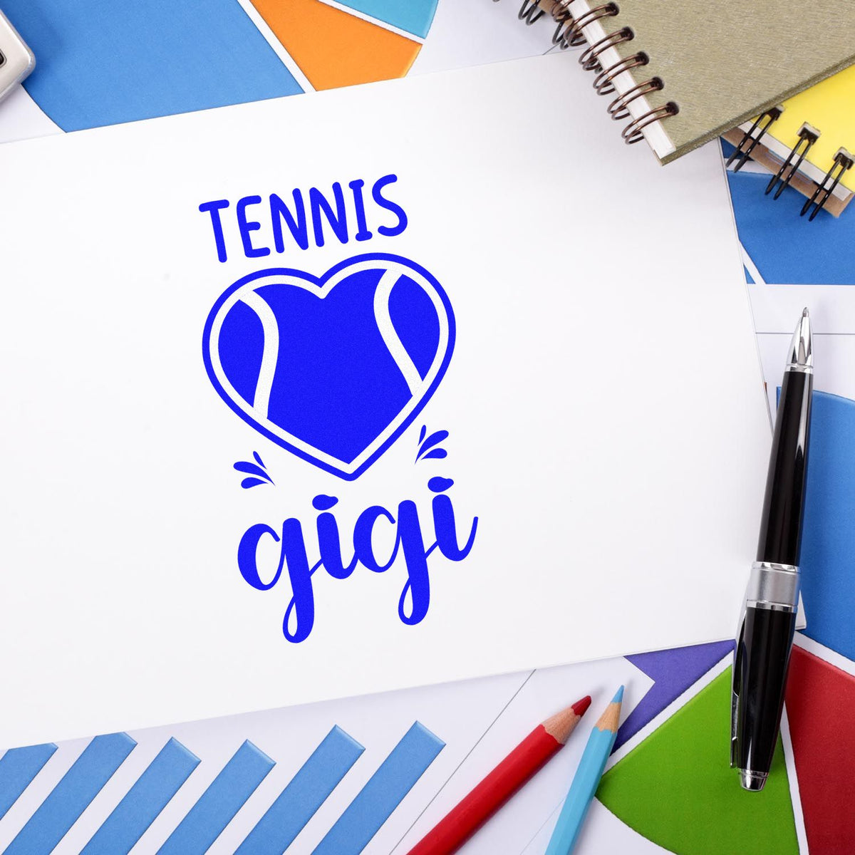 Custom tennis rubber stamp design with heart-shaped tennis ball graphic and Gigi name, ideal for personalized sports crafts.