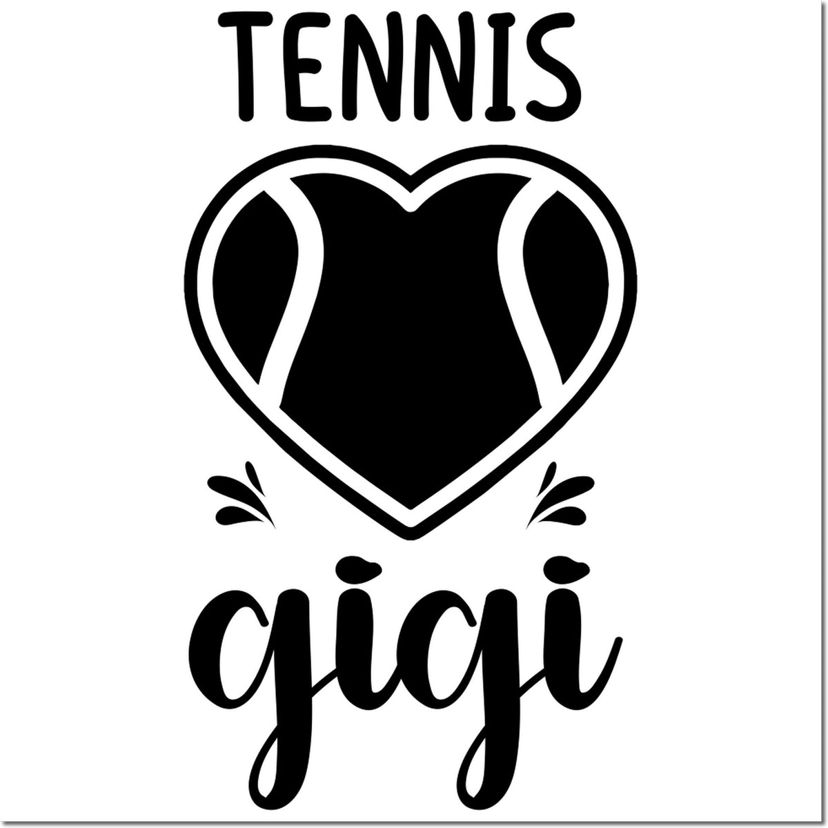 Tennis heart rubber stamp design with bold black text and stylized tennis ball graphic.