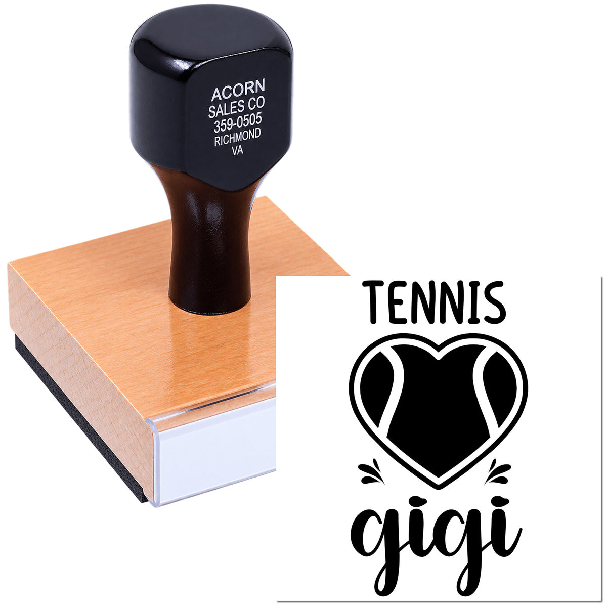 Custom tennis rubber stamp with heart logo and personalized gigi design for sports-themed crafting, gifts, and packaging.